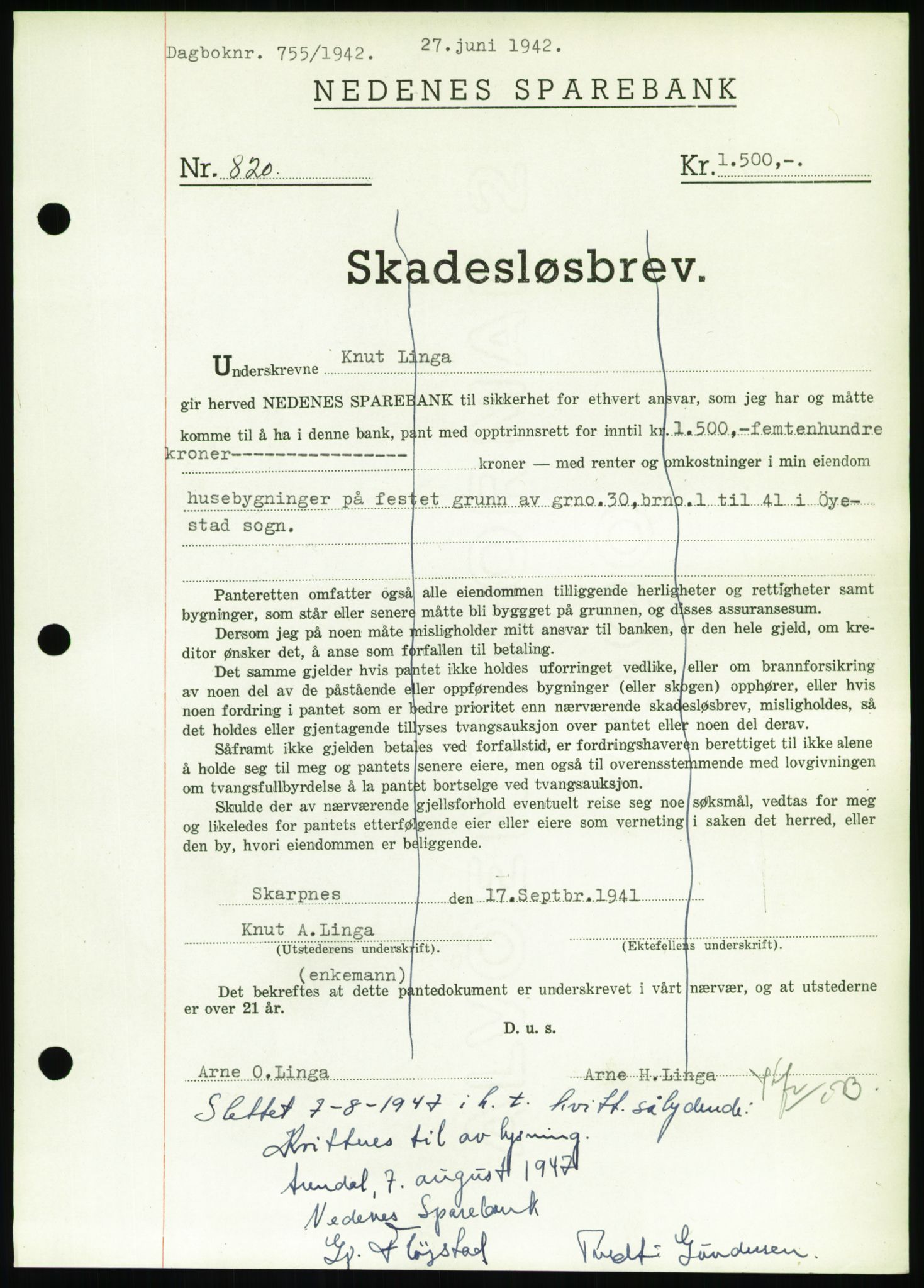 Nedenes sorenskriveri, SAK/1221-0006/G/Gb/Gbb/L0002: Pantebok nr. II, 1942-1945, Dagboknr: 755/1942