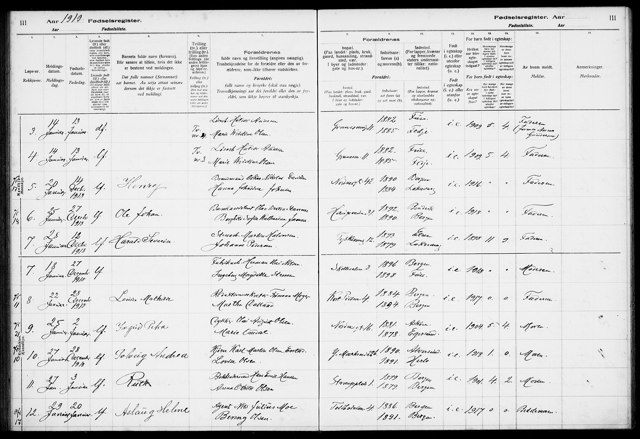 Nykirken Sokneprestembete, SAB/A-77101/I/Id/L00A1: Fødselsregister nr. A 1, 1916-1922, s. 111