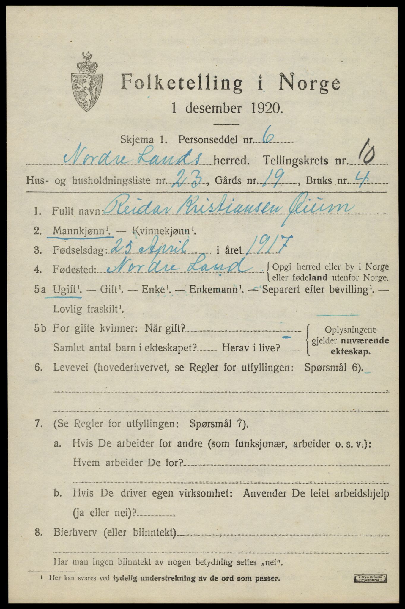 SAH, Folketelling 1920 for 0538 Nordre Land herred, 1920, s. 5496
