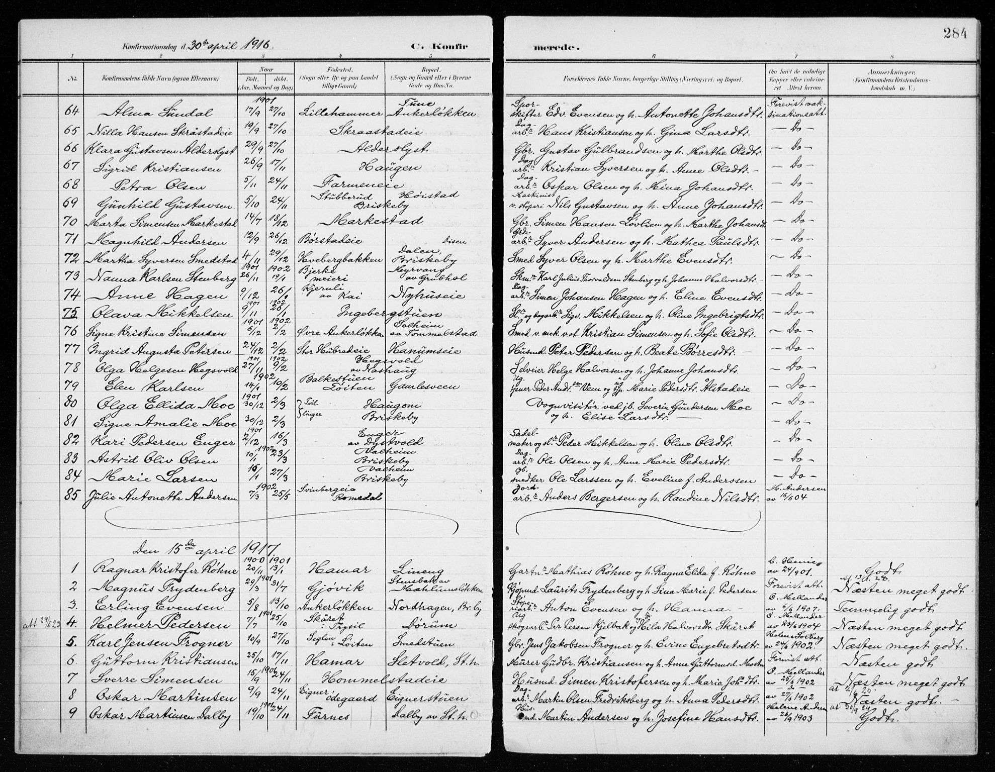 Vang prestekontor, Hedmark, AV/SAH-PREST-008/H/Ha/Haa/L0021: Ministerialbok nr. 21, 1902-1917, s. 284