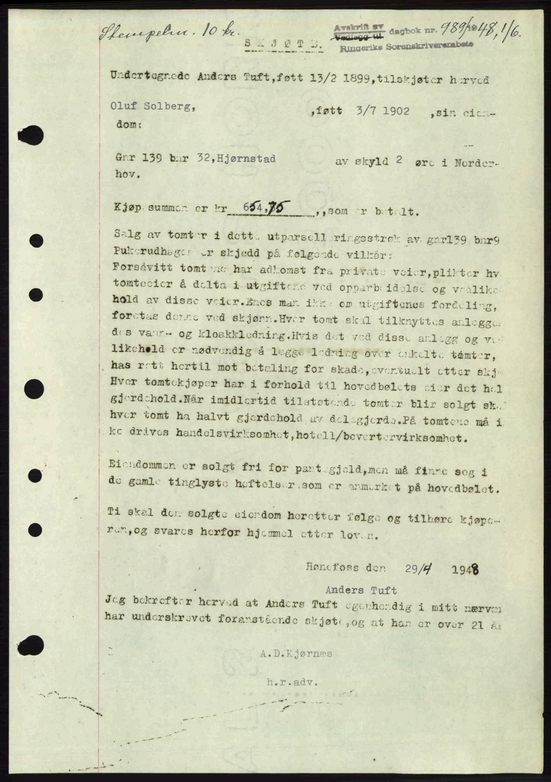 Ringerike sorenskriveri, SAKO/A-105/G/Ga/Gab/L0088: Pantebok nr. A-19, 1948-1948, Dagboknr: 989/1948