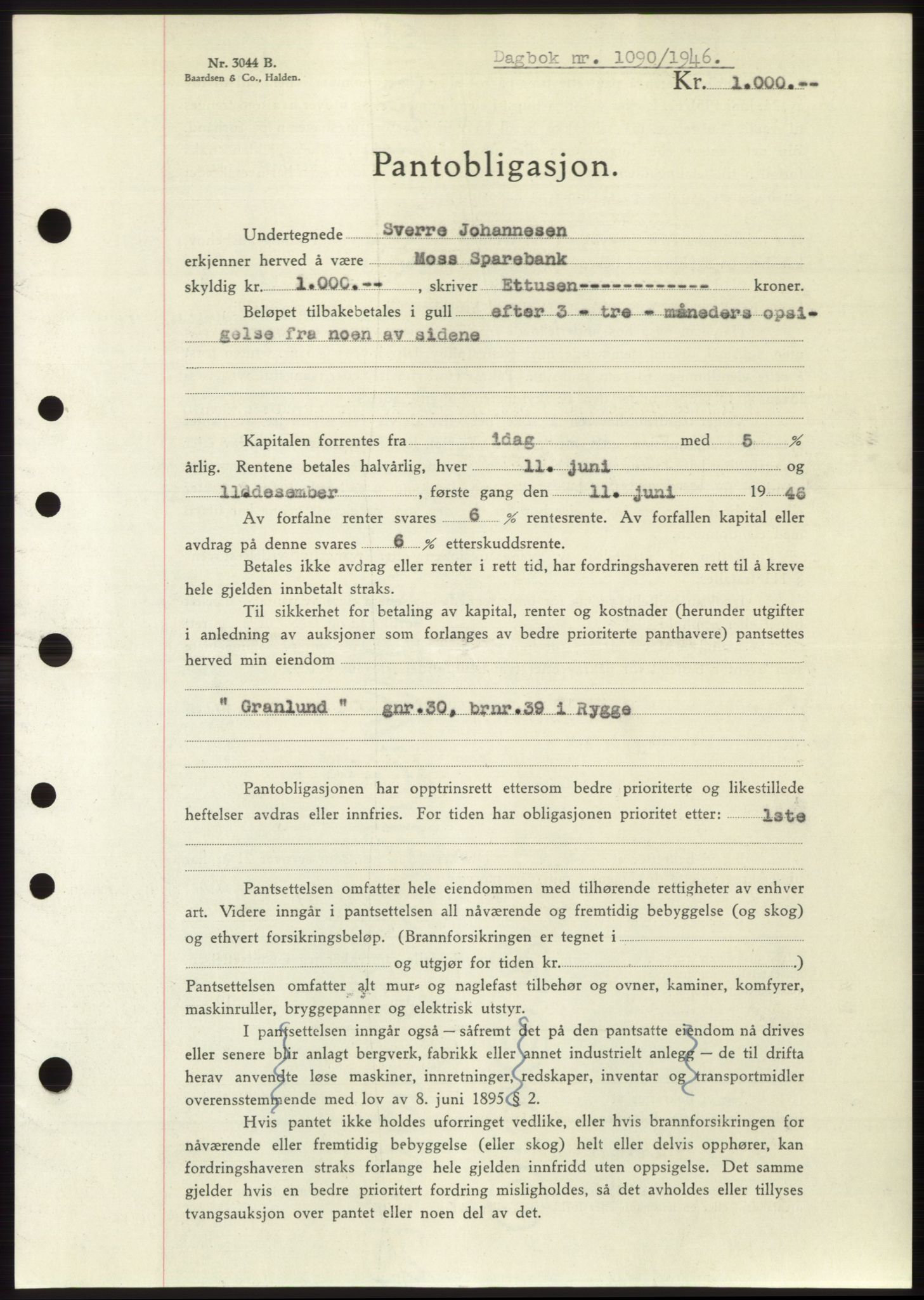 Moss sorenskriveri, SAO/A-10168: Pantebok nr. B15, 1946-1946, Dagboknr: 1090/1946