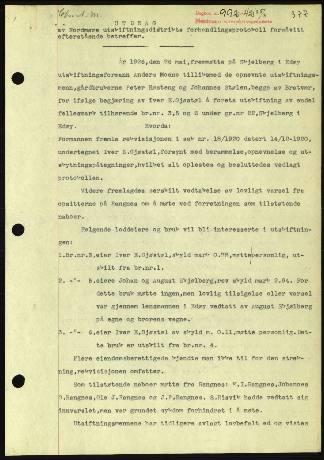 Nordmøre sorenskriveri, SAT/A-4132/1/2/2Ca: Pantebok nr. A92, 1942-1942, Dagboknr: 992/1942