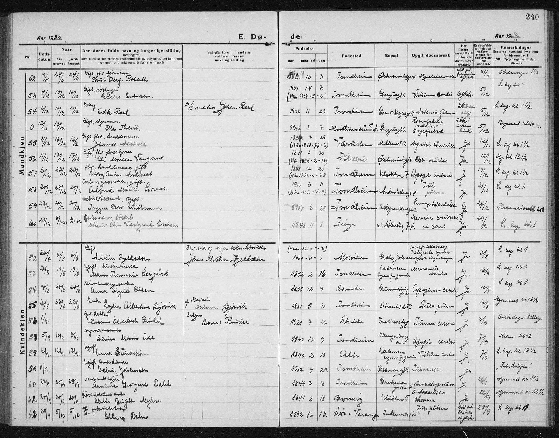 Ministerialprotokoller, klokkerbøker og fødselsregistre - Sør-Trøndelag, AV/SAT-A-1456/605/L0260: Klokkerbok nr. 605C07, 1922-1942, s. 240