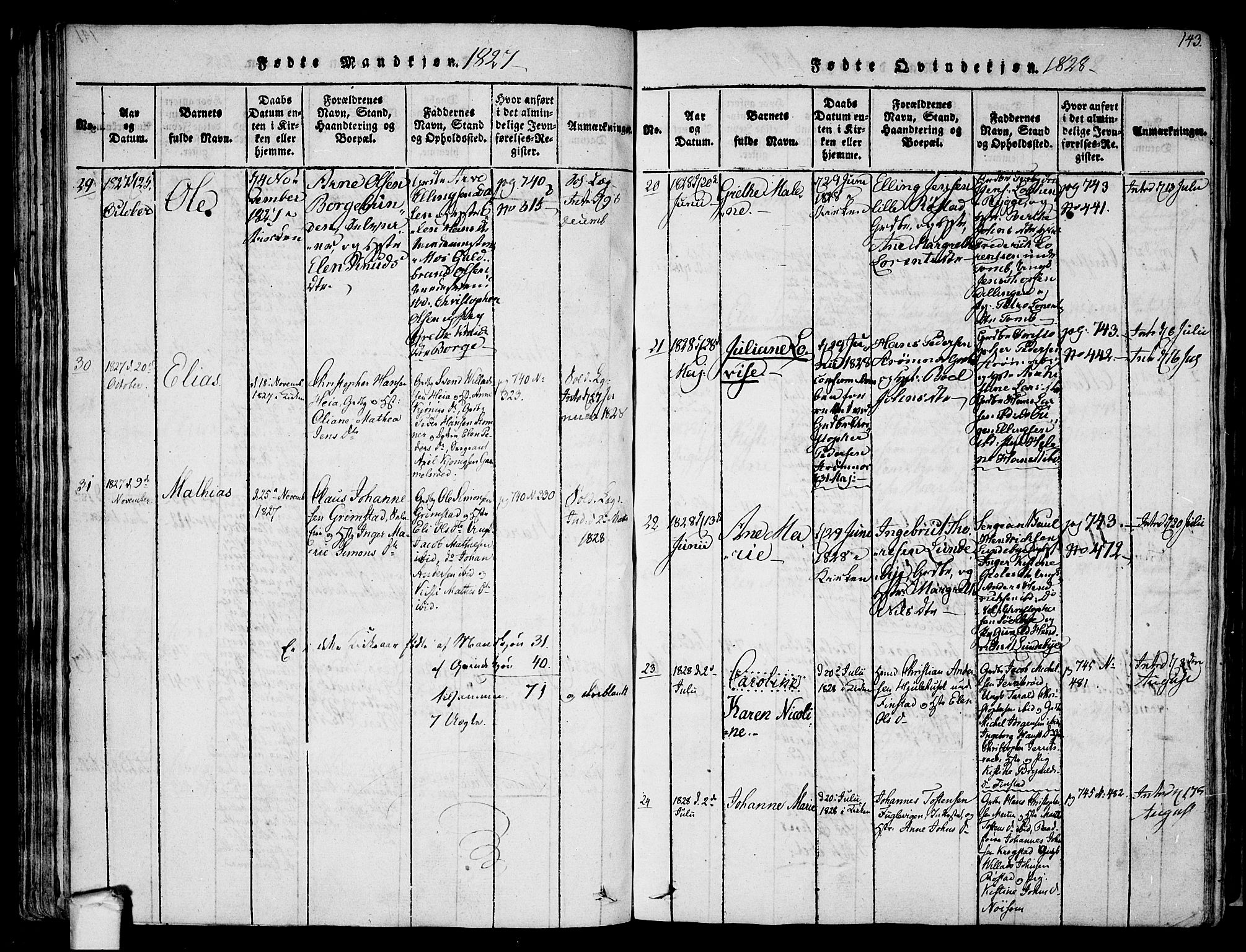 Råde prestekontor kirkebøker, AV/SAO-A-2009/F/Fa/L0004: Ministerialbok nr. 4, 1814-1830, s. 142-143