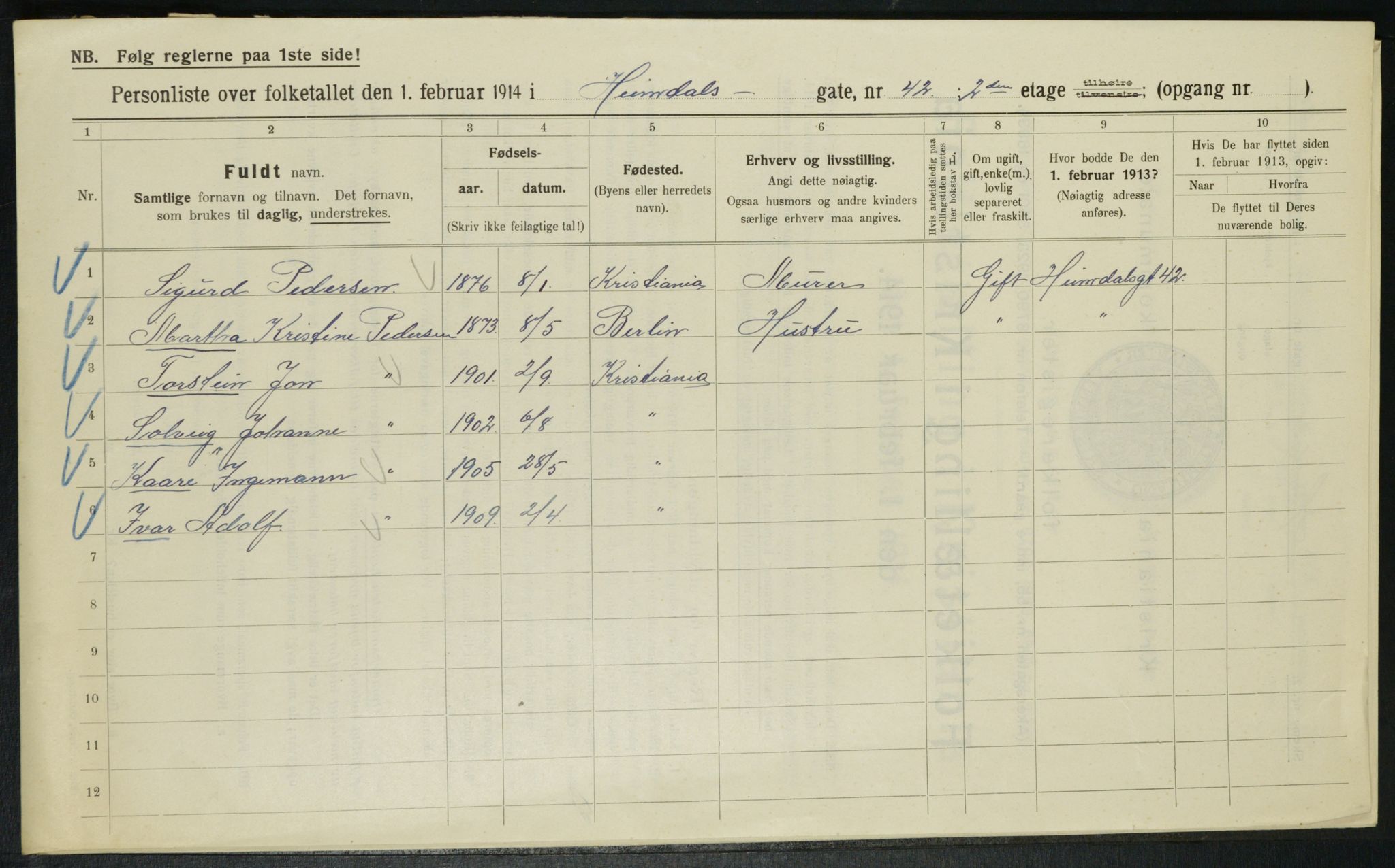 OBA, Kommunal folketelling 1.2.1914 for Kristiania, 1914, s. 37475