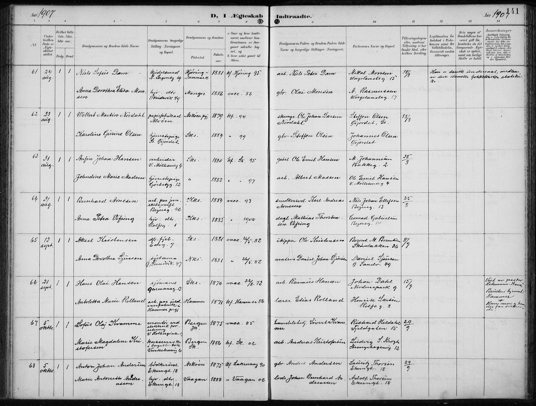 Sandviken Sokneprestembete, AV/SAB-A-77601/H/Ha/L0014: Ministerialbok nr. D 1, 1896-1911, s. 141