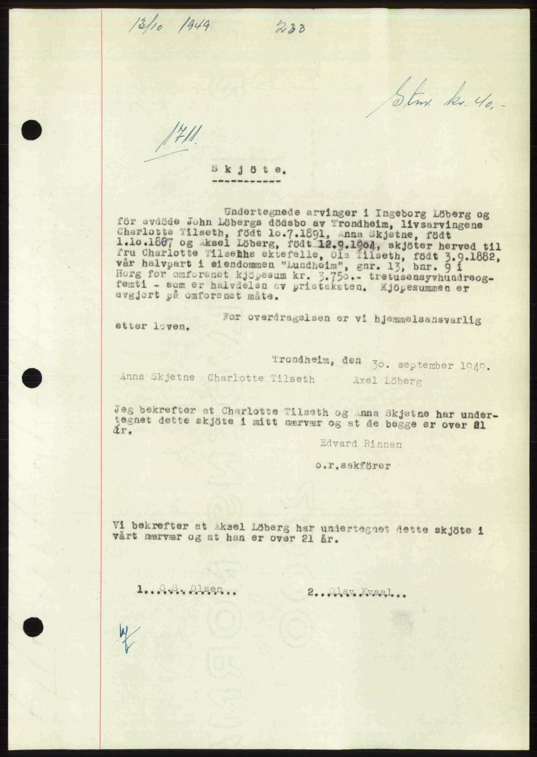 Gauldal sorenskriveri, SAT/A-0014/1/2/2C: Pantebok nr. A8, 1949-1949, Dagboknr: 1711/1949