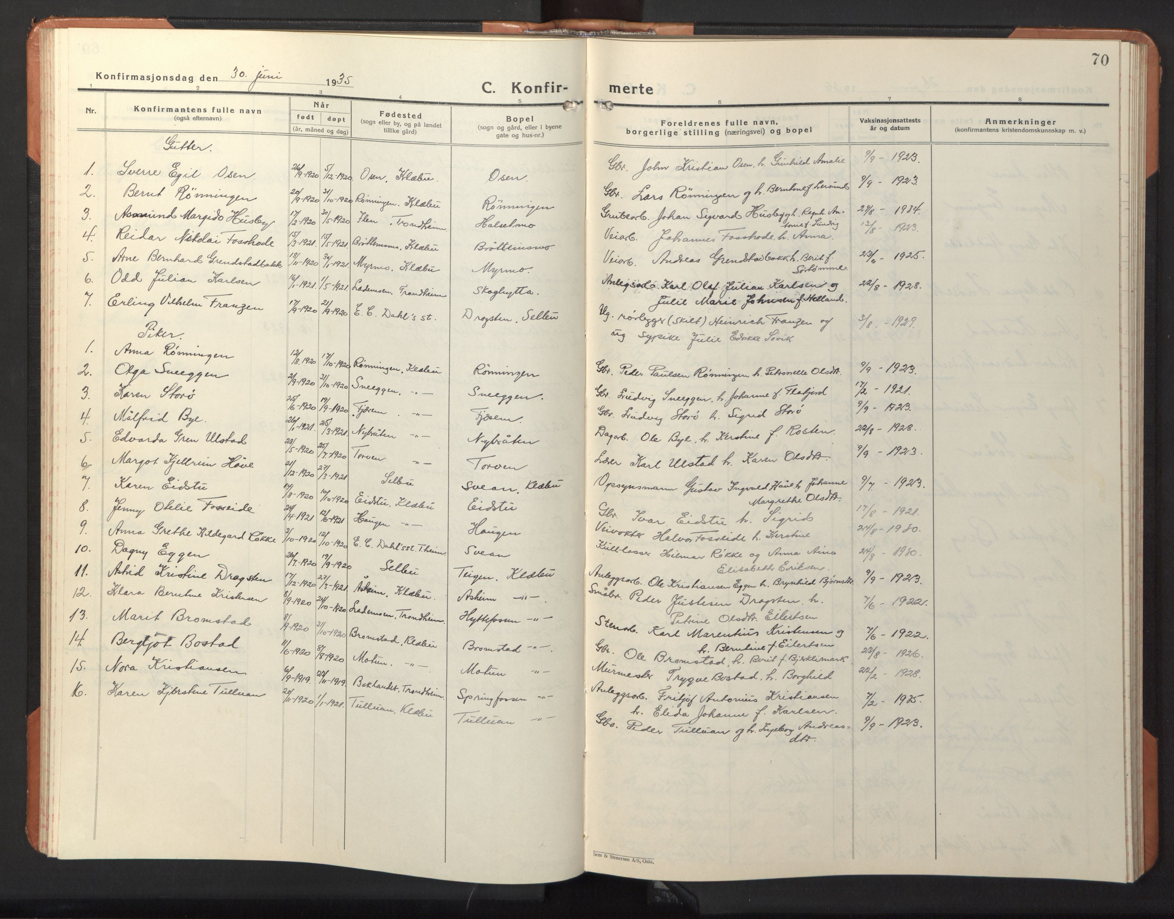 Ministerialprotokoller, klokkerbøker og fødselsregistre - Sør-Trøndelag, AV/SAT-A-1456/618/L0454: Klokkerbok nr. 618C05, 1926-1946, s. 70