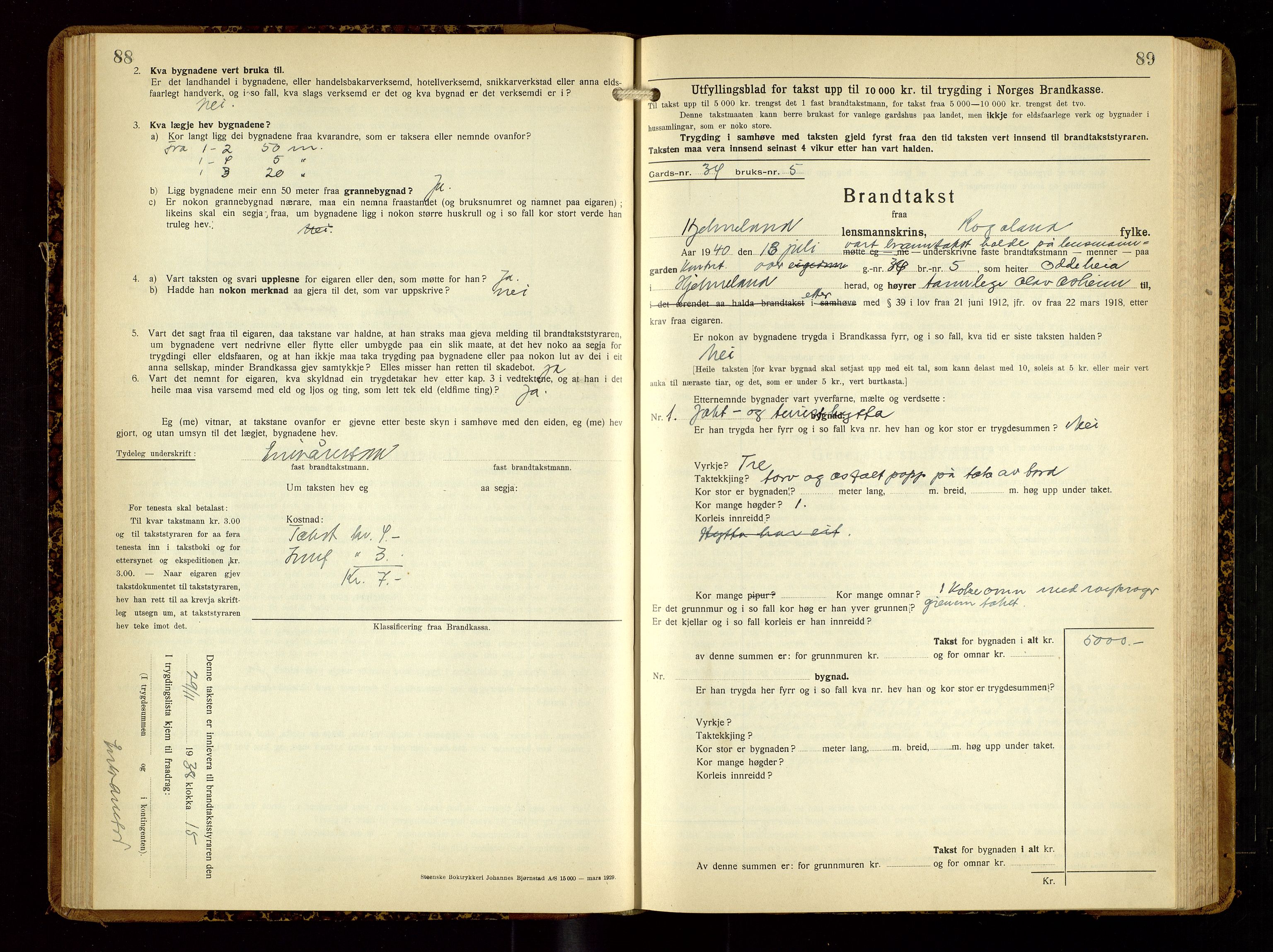 Hjelmeland lensmannskontor, SAST/A-100439/Gob/L0003: "Brandtakstbok", 1932-1950, s. 88-89