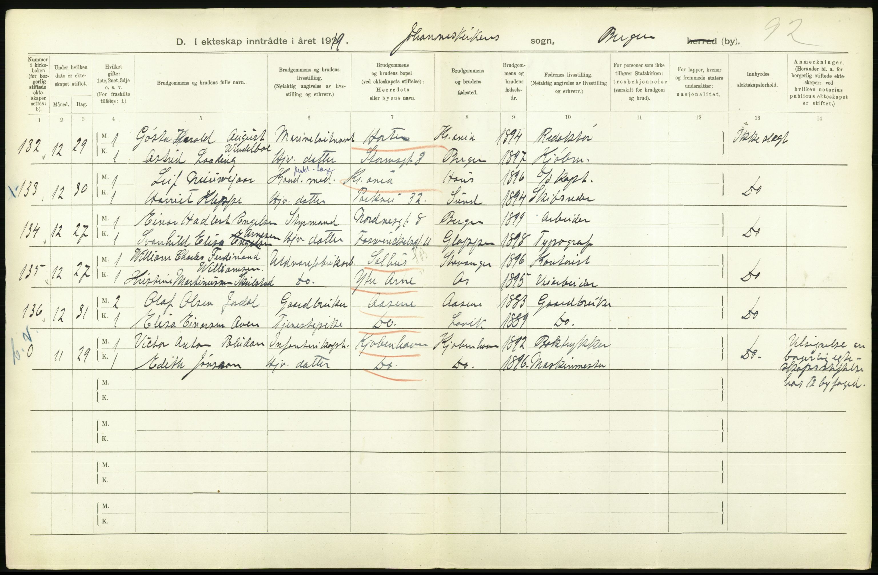 Statistisk sentralbyrå, Sosiodemografiske emner, Befolkning, AV/RA-S-2228/D/Df/Dfb/Dfbi/L0035: Bergen: Gifte, døde, dødfødte., 1919, s. 206