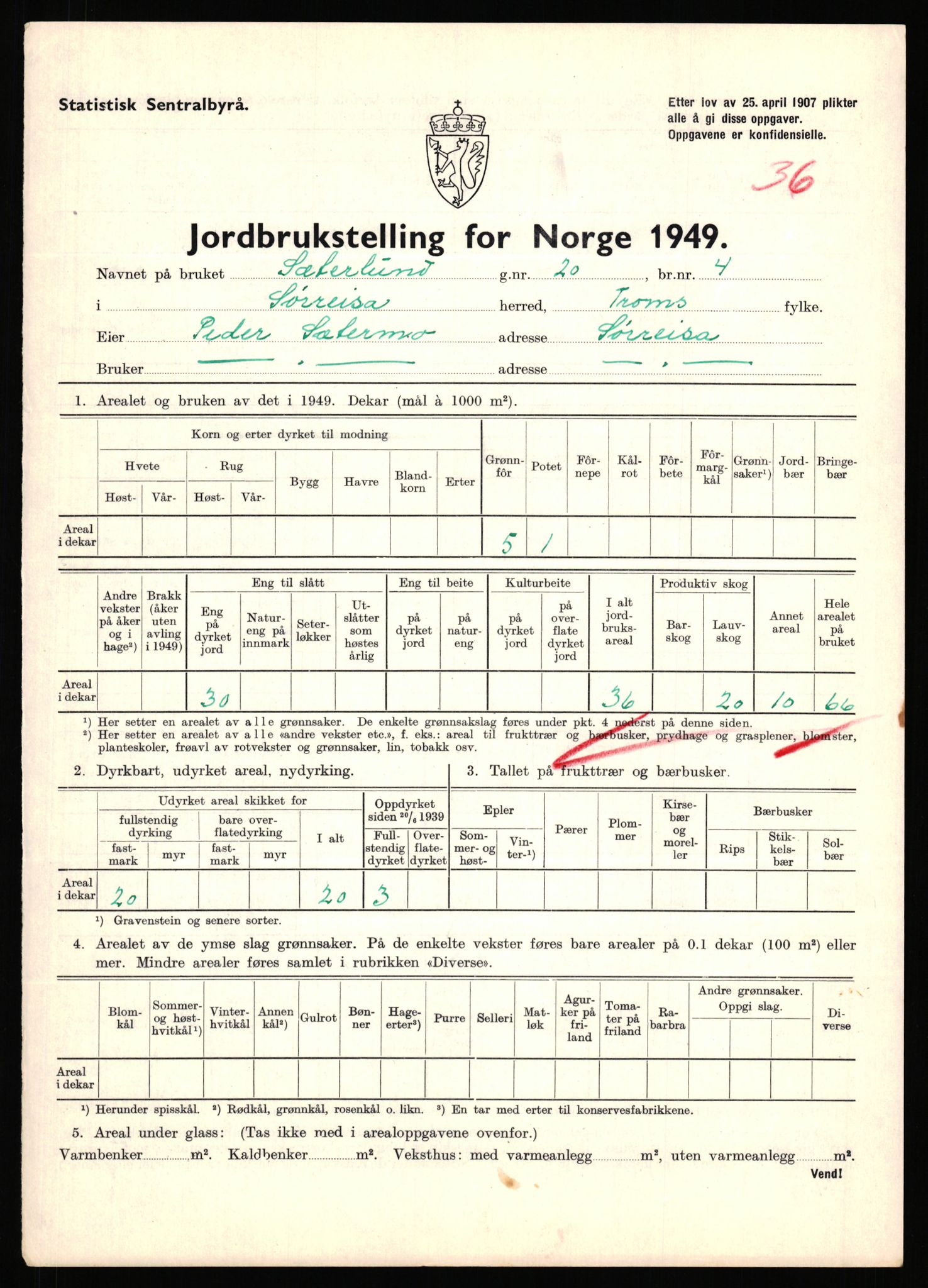 Statistisk sentralbyrå, Næringsøkonomiske emner, Jordbruk, skogbruk, jakt, fiske og fangst, AV/RA-S-2234/G/Gc/L0440: Troms: Sørreisa og Dyrøy, 1949, s. 509