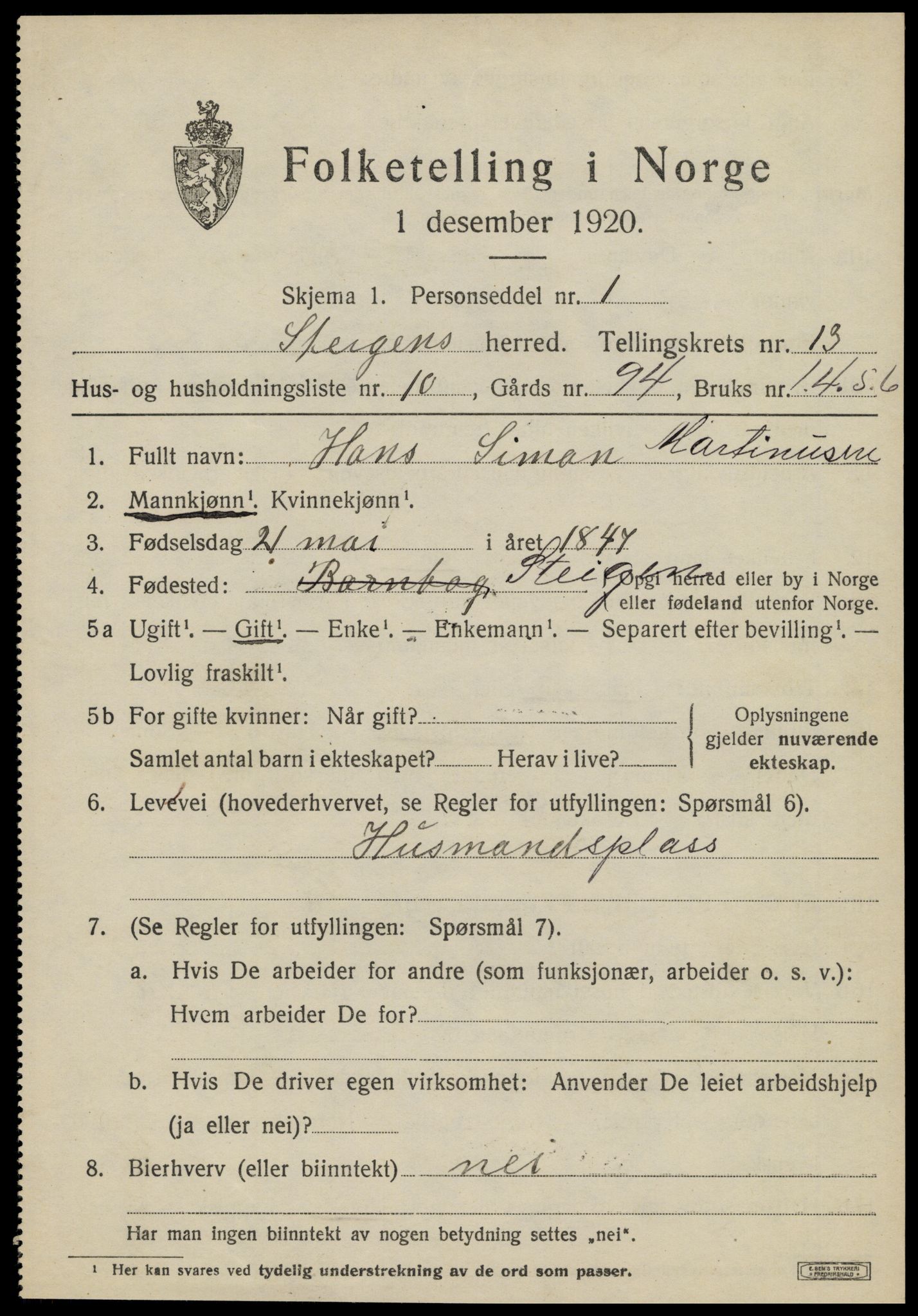 SAT, Folketelling 1920 for 1848 Steigen herred, 1920, s. 5078