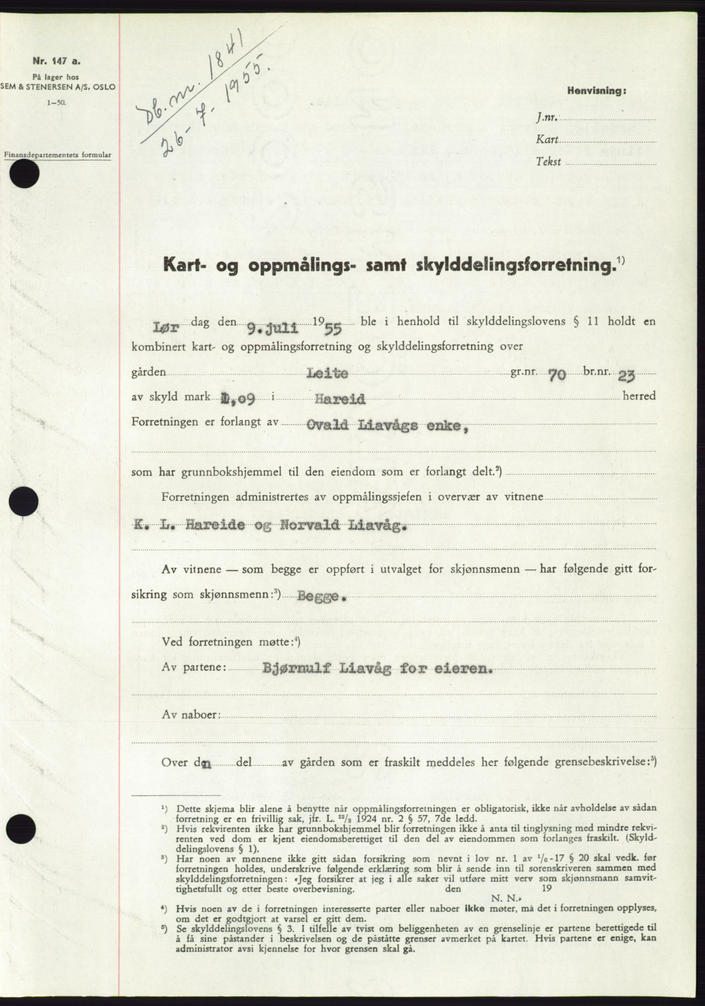 Søre Sunnmøre sorenskriveri, AV/SAT-A-4122/1/2/2C/L0101: Pantebok nr. 27A, 1955-1955, Dagboknr: 1841/1955