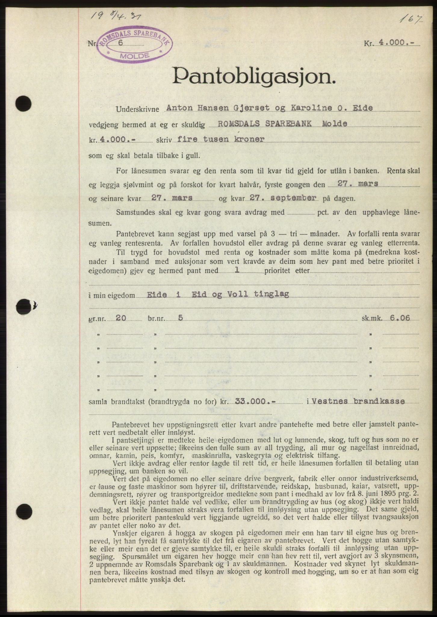 Romsdal sorenskriveri, AV/SAT-A-4149/1/2/2C/L0059: Pantebok nr. 53, 1931-1931, Tingl.dato: 08.04.1931