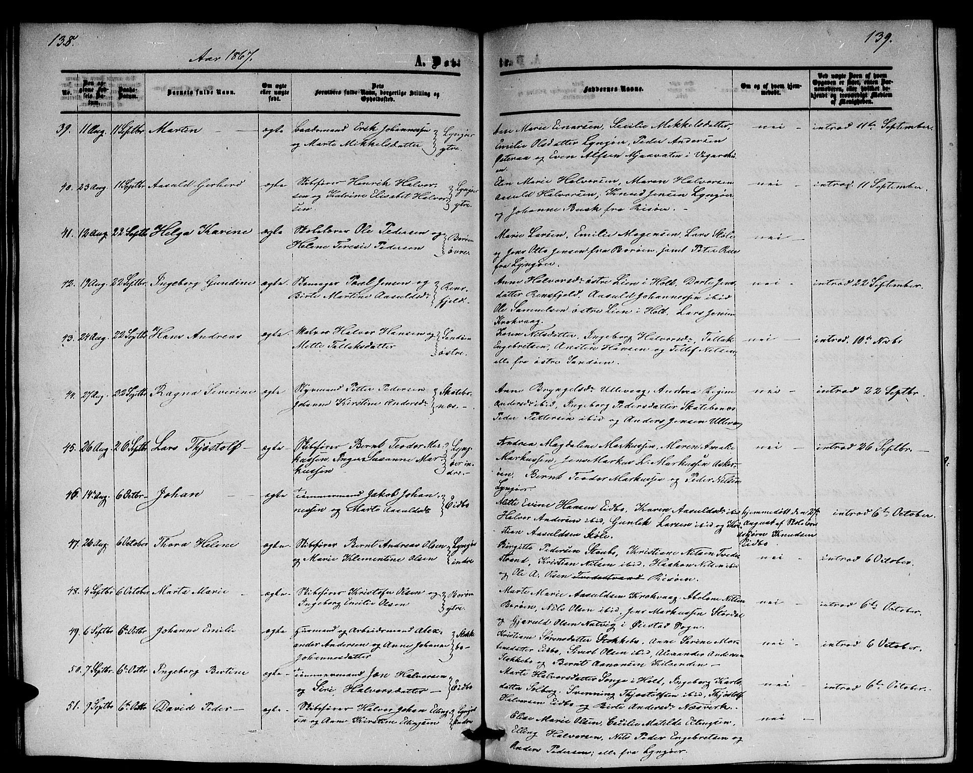 Dypvåg sokneprestkontor, AV/SAK-1111-0007/F/Fb/Fba/L0011: Klokkerbok nr. B 11, 1857-1872, s. 138-139