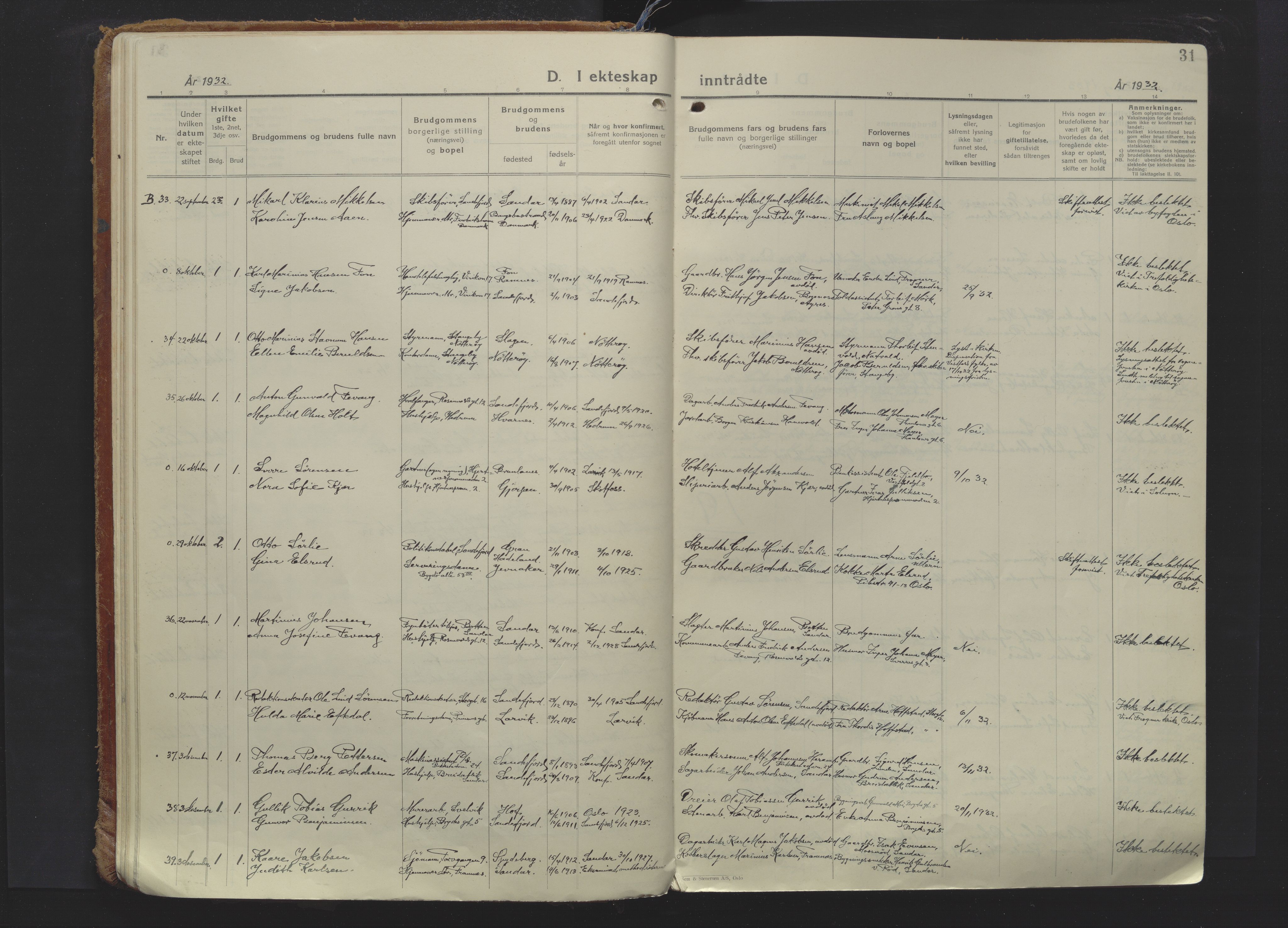 Sandefjord kirkebøker, SAKO/A-315/F/Fa/L0009: Ministerialbok nr. 9, 1926-1945, s. 31