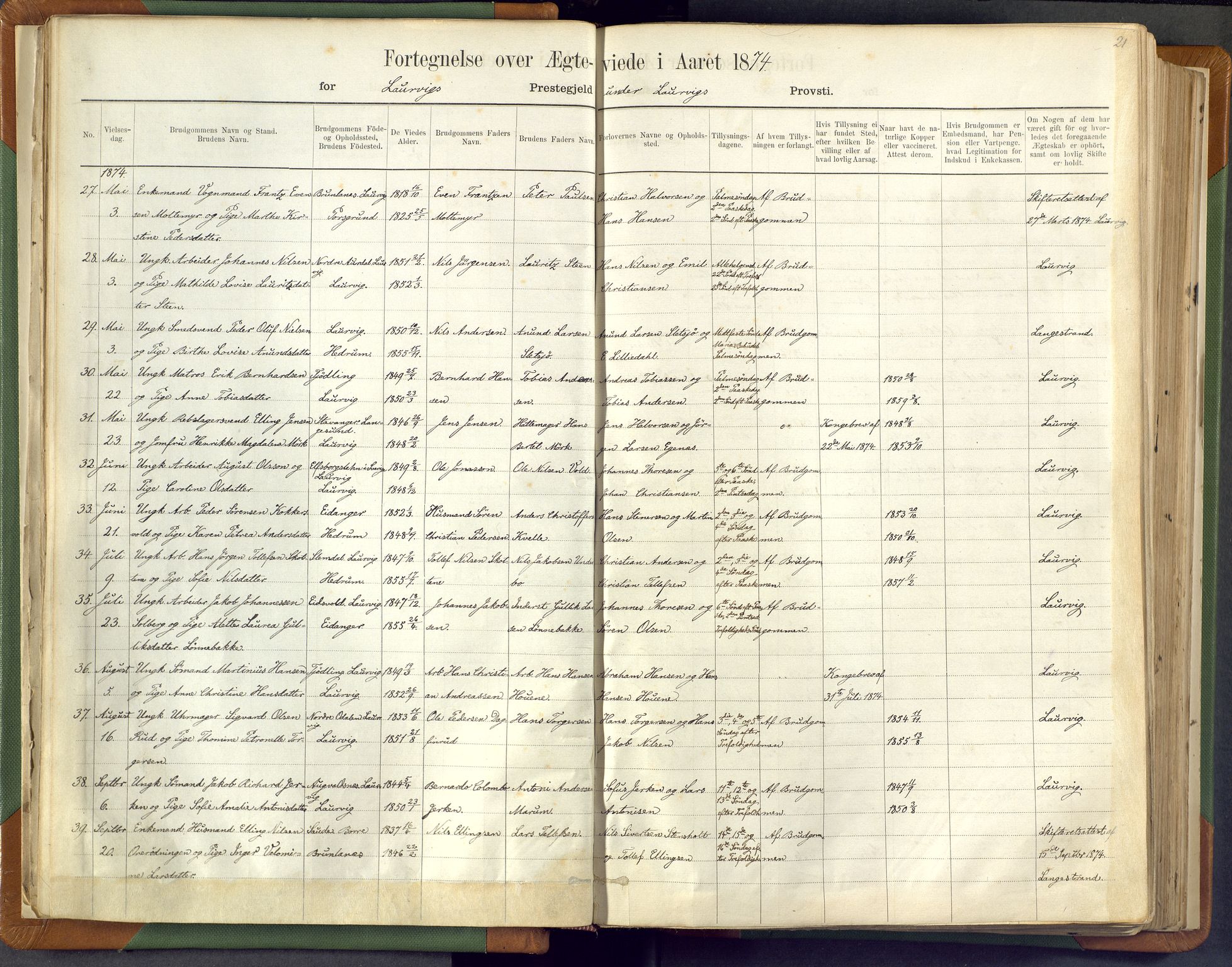 Larvik kirkebøker, AV/SAKO-A-352/F/Fa/L0007: Ministerialbok nr. I 7, 1871-1883, s. 21