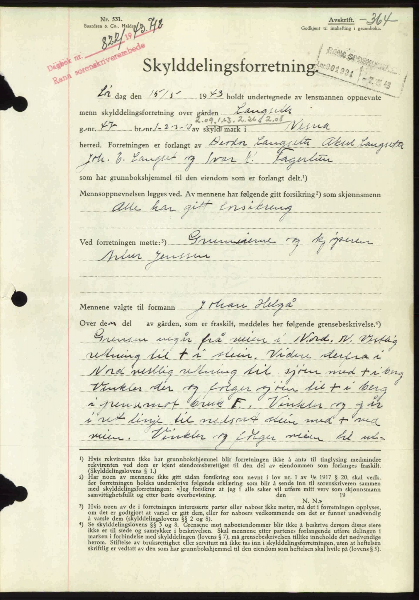 Rana sorenskriveri , SAT/A-1108/1/2/2C: Pantebok nr. A 10, 1942-1943, Dagboknr: 822/1943