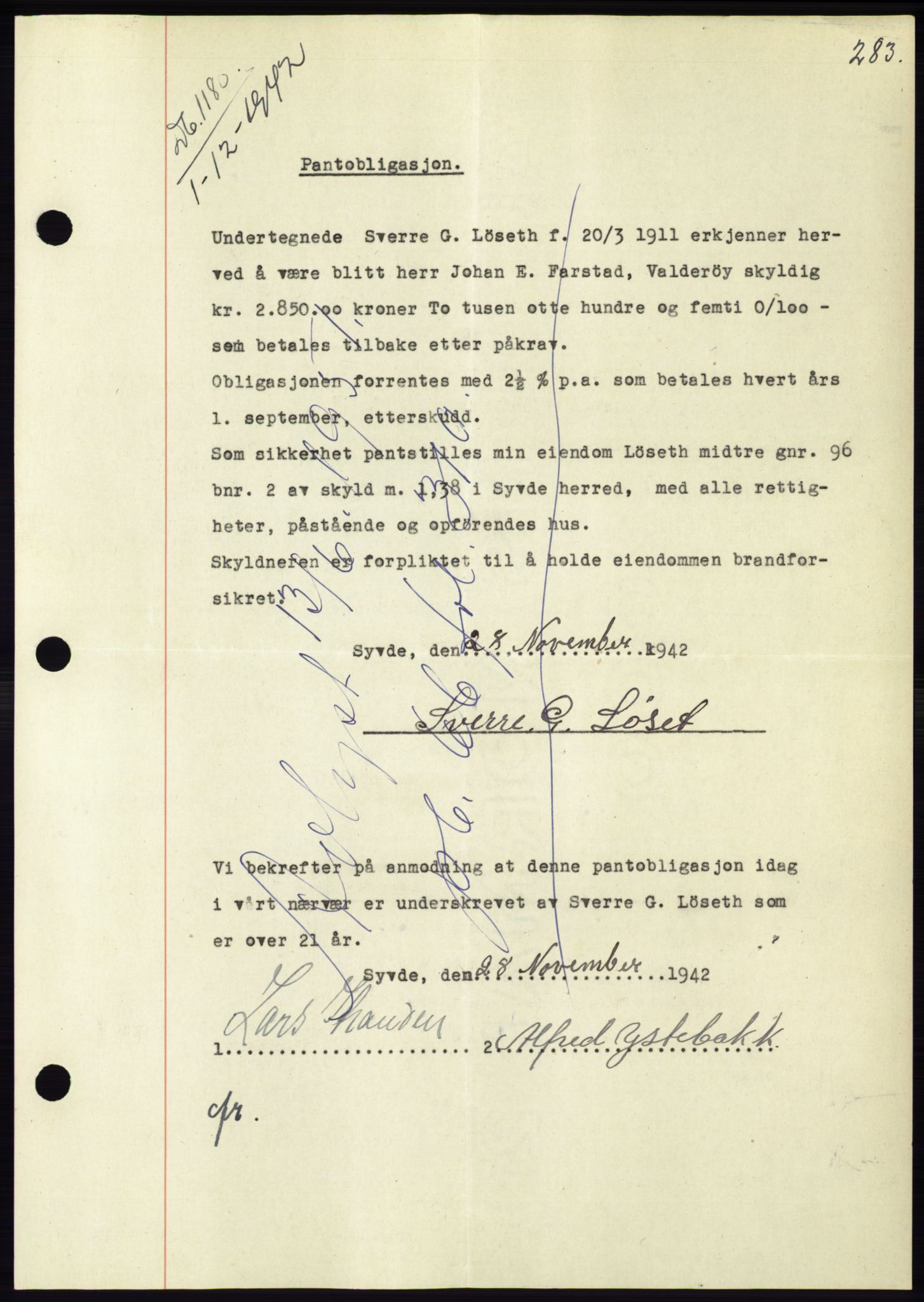 Søre Sunnmøre sorenskriveri, SAT/A-4122/1/2/2C/L0074: Pantebok nr. 68, 1942-1943, Dagboknr: 1180/1942