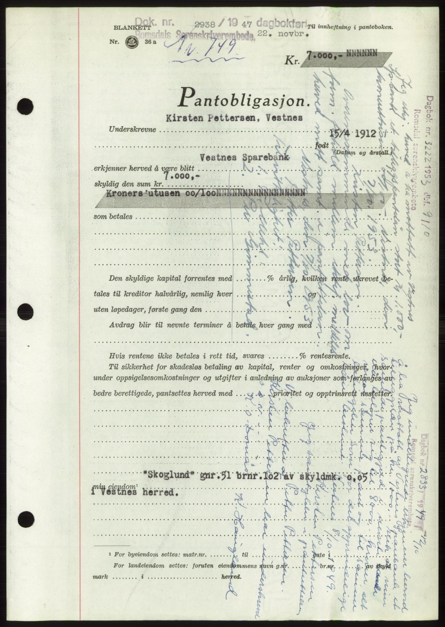 Romsdal sorenskriveri, SAT/A-4149/1/2/2C: Pantebok nr. B3, 1946-1948, Dagboknr: 2938/1947