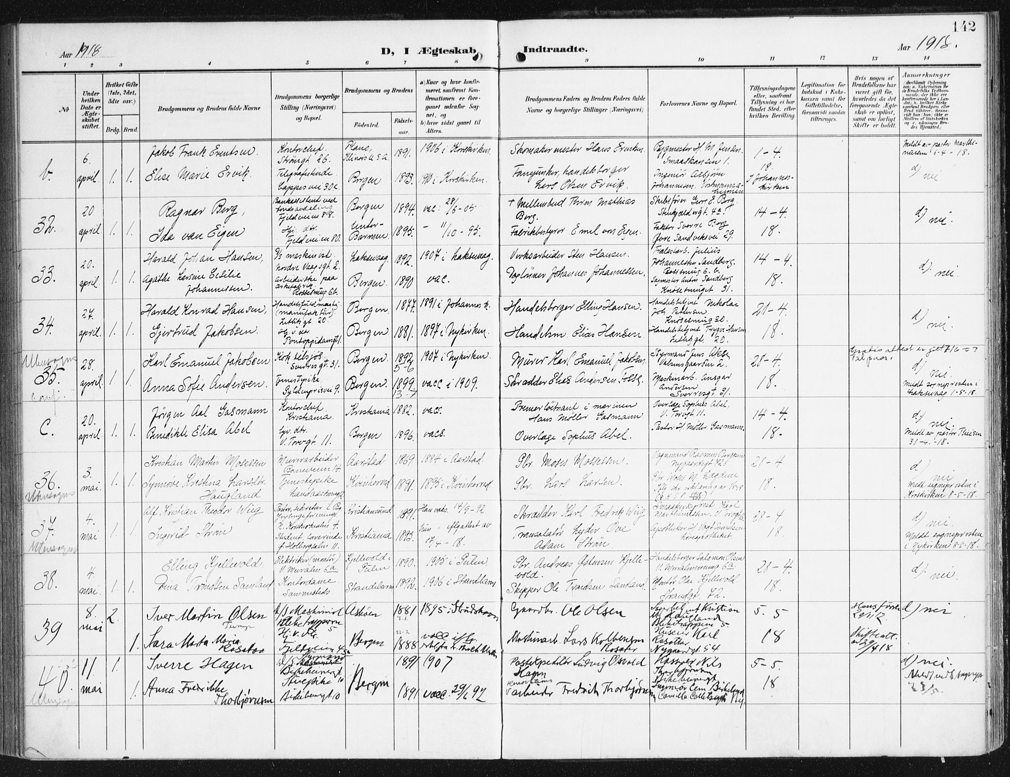 Domkirken sokneprestembete, AV/SAB-A-74801/H/Haa/L0038: Ministerialbok nr. D 5, 1906-1921, s. 142