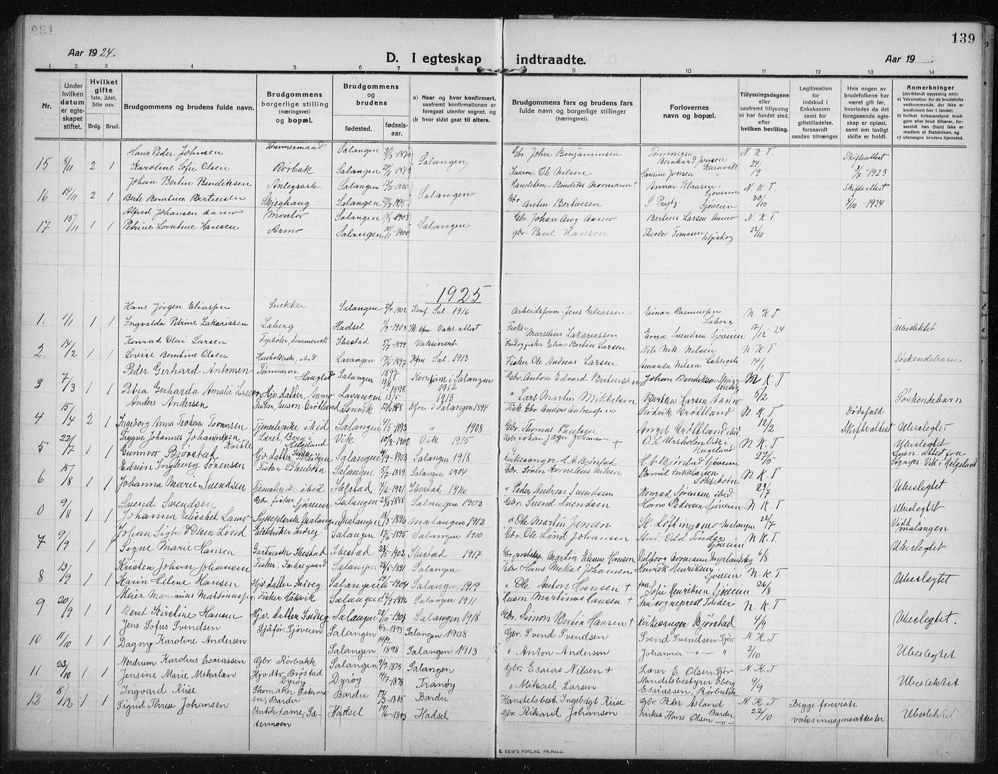 Salangen sokneprestembete, SATØ/S-1324/H/Ha/L0005klokker: Klokkerbok nr. 5, 1918-1937, s. 139