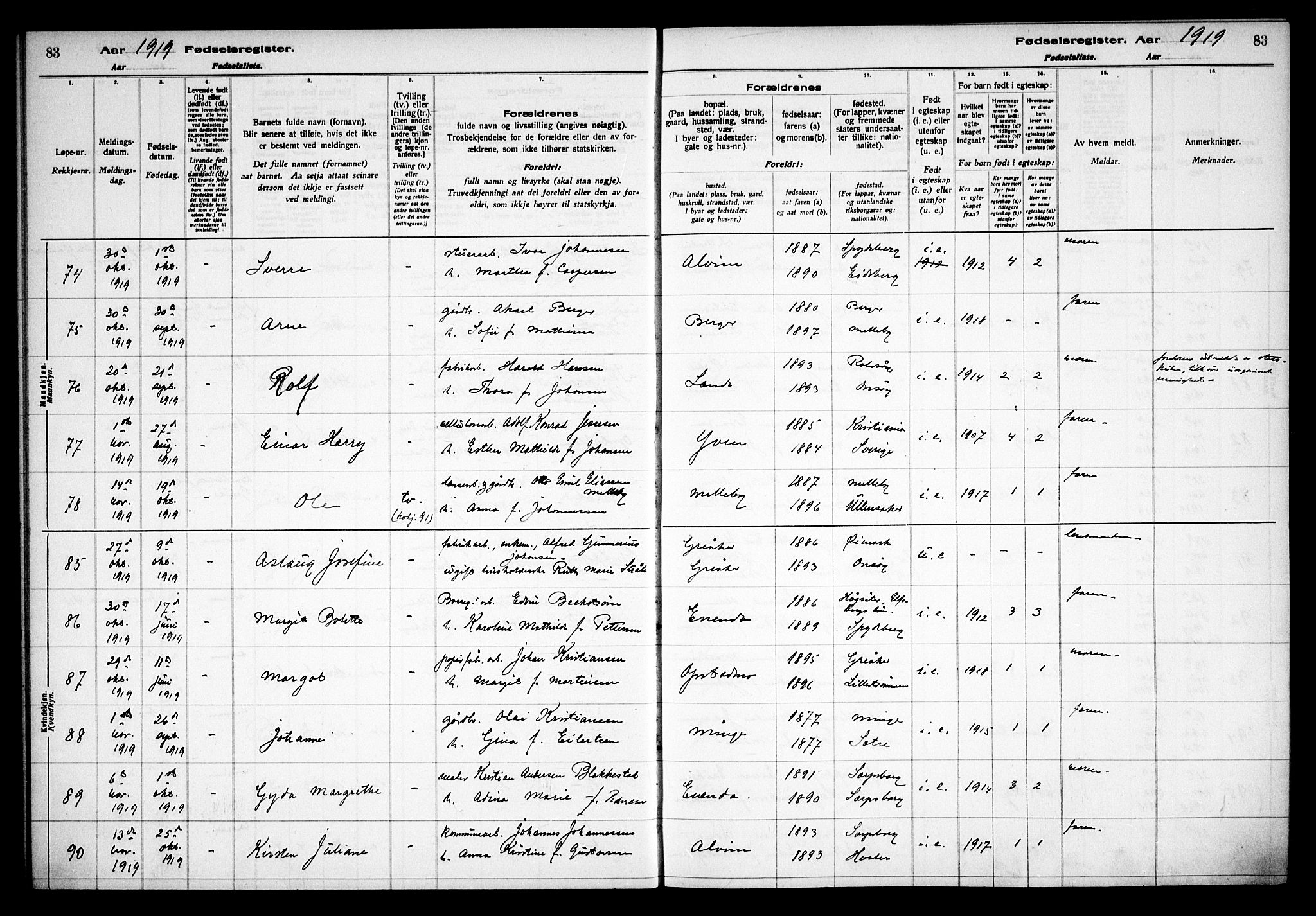 Tune prestekontor Kirkebøker, AV/SAO-A-2007/J/Ja/L0001: Fødselsregister nr. I 1, 1916-1928, s. 83