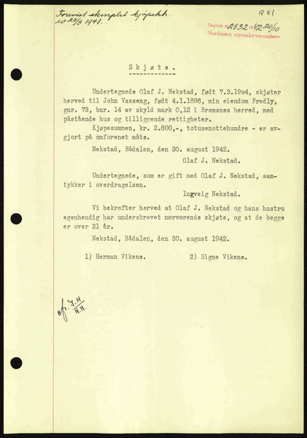 Nordmøre sorenskriveri, AV/SAT-A-4132/1/2/2Ca: Pantebok nr. A94, 1942-1943, Dagboknr: 2832/1942