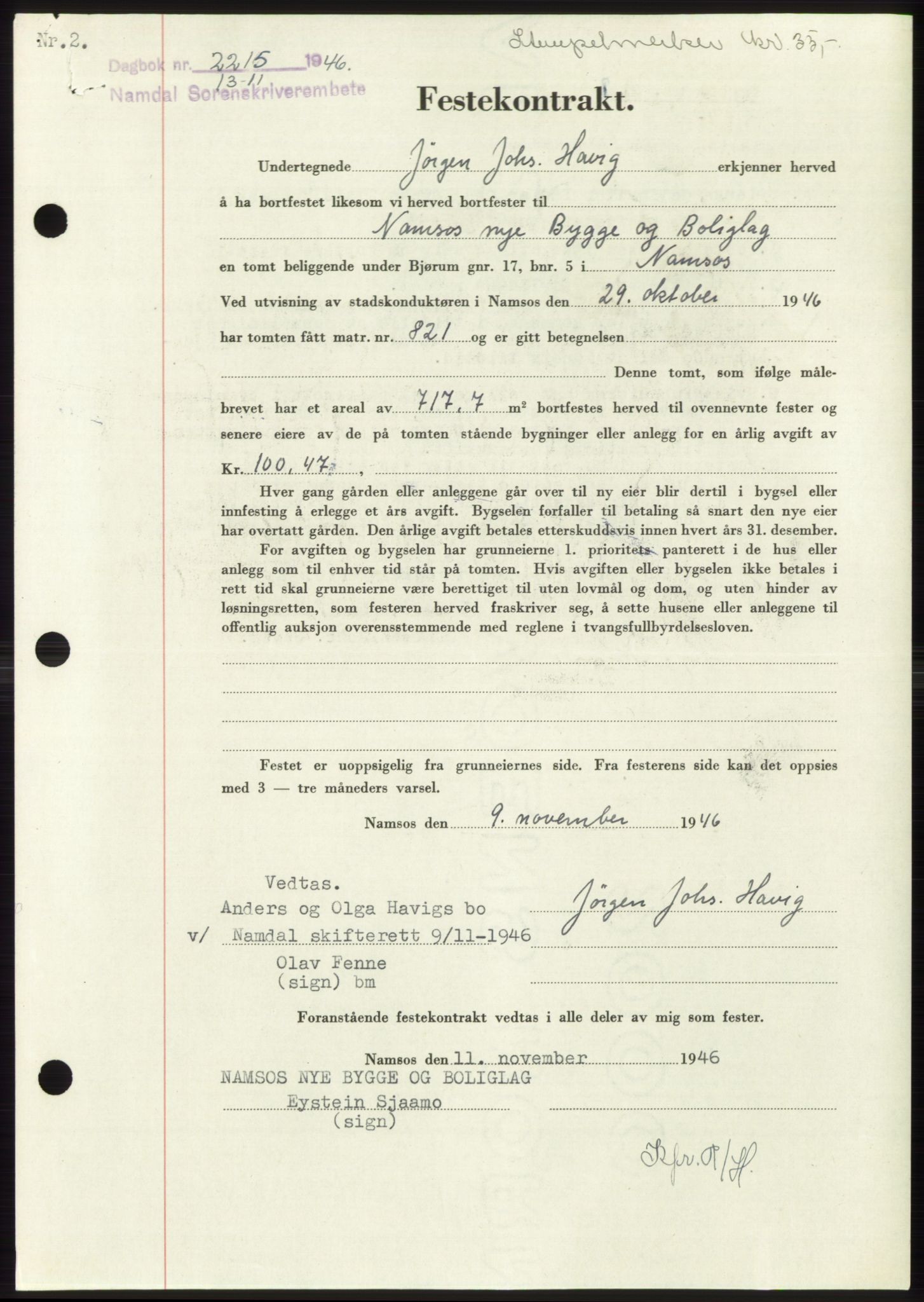 Namdal sorenskriveri, SAT/A-4133/1/2/2C: Pantebok nr. -, 1946-1947, Dagboknr: 2215/1946