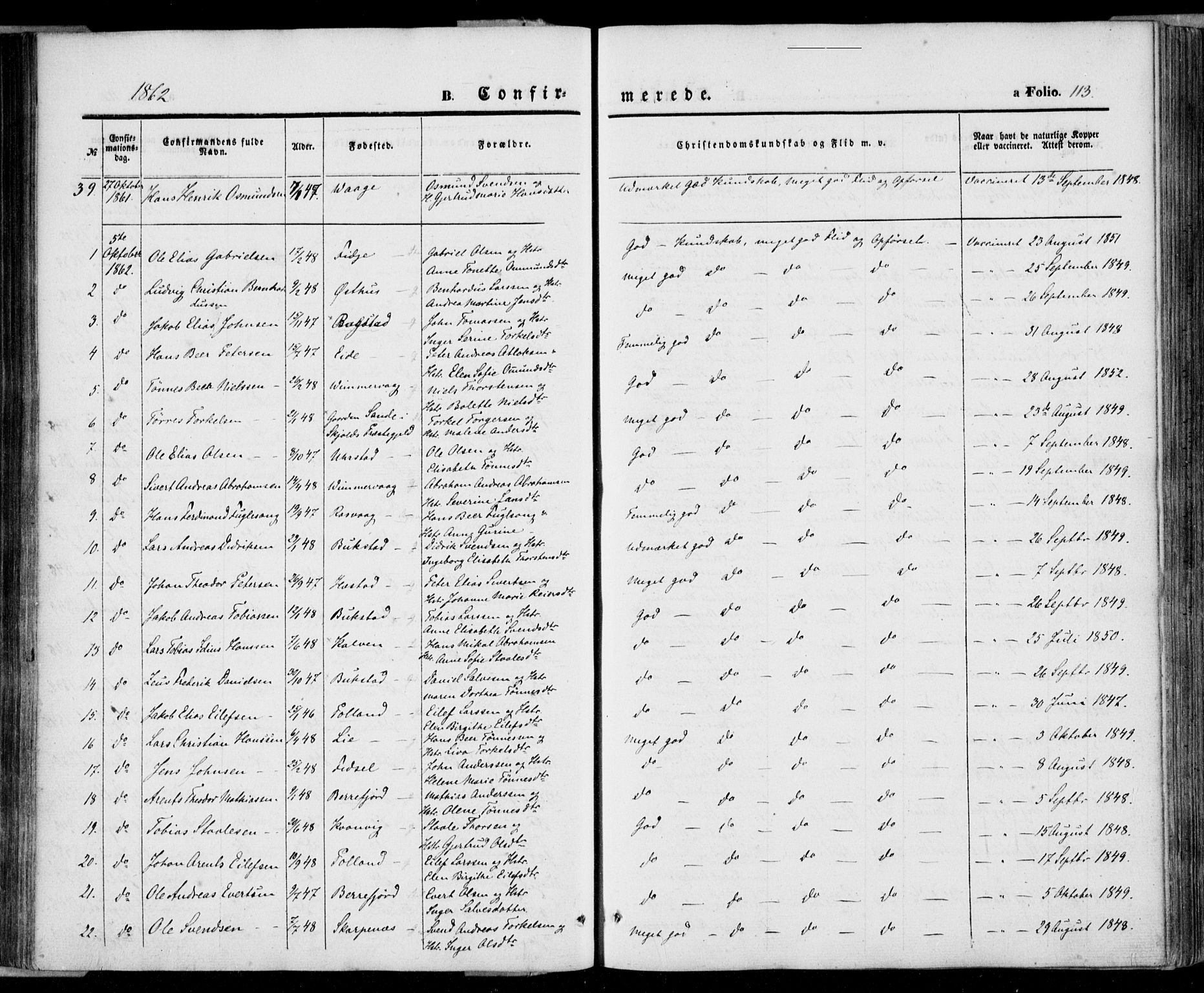 Flekkefjord sokneprestkontor, SAK/1111-0012/F/Fa/Fab/L0004: Ministerialbok nr. A 4, 1850-1875, s. 113