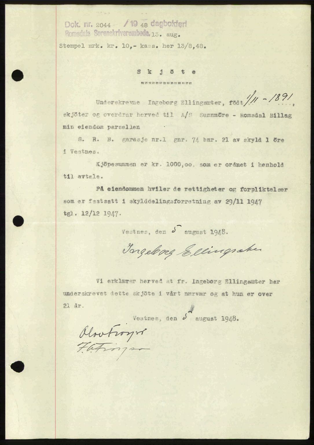 Romsdal sorenskriveri, AV/SAT-A-4149/1/2/2C: Pantebok nr. A27, 1948-1948, Dagboknr: 2044/1948