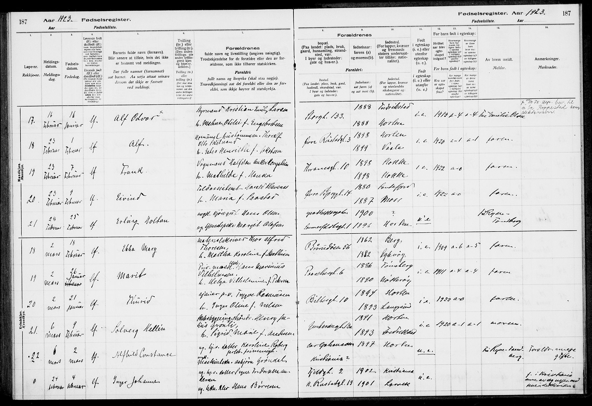 Horten kirkebøker, AV/SAKO-A-348/J/Ja/L0001: Fødselsregister nr. 1, 1916-1923, s. 187