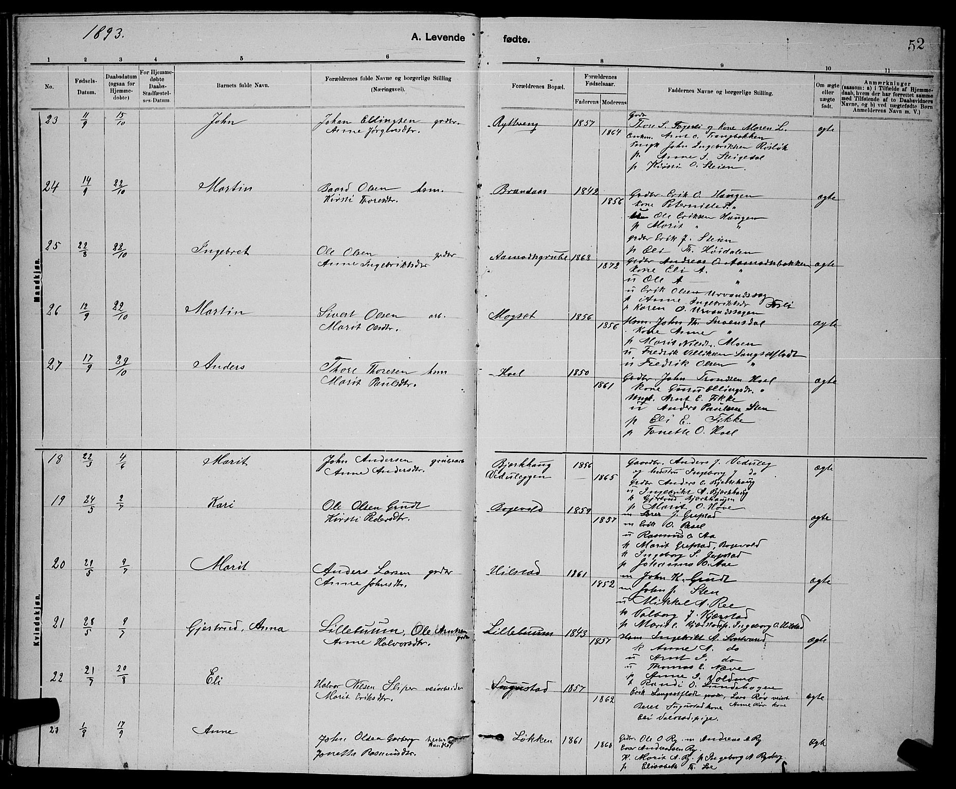 Ministerialprotokoller, klokkerbøker og fødselsregistre - Sør-Trøndelag, SAT/A-1456/672/L0863: Klokkerbok nr. 672C02, 1888-1901, s. 52
