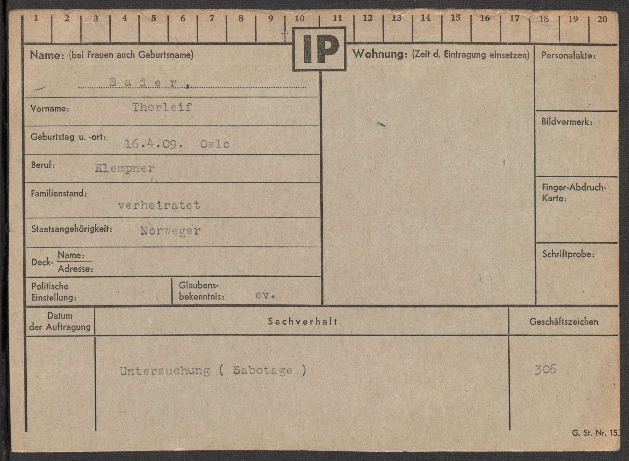 Befehlshaber der Sicherheitspolizei und des SD, AV/RA-RAFA-5969/E/Ea/Eaa/L0001: Register over norske fanger i Møllergata 19: A-Bj, 1940-1945, s. 727