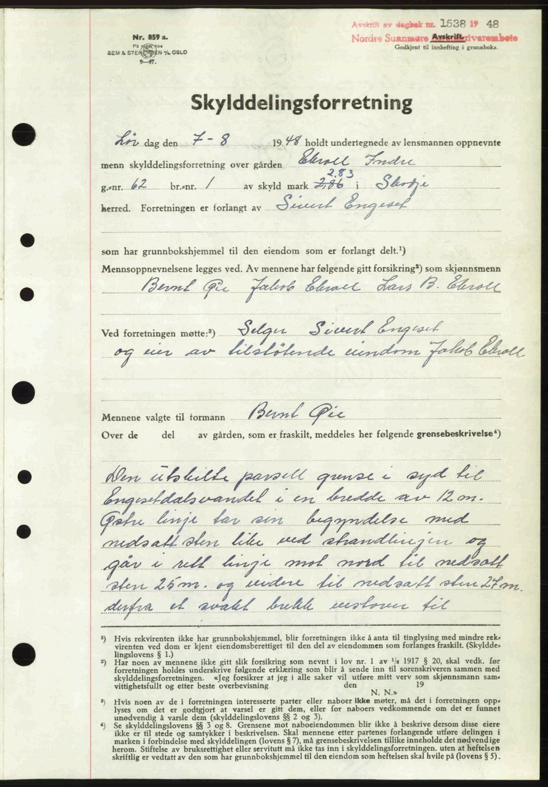 Nordre Sunnmøre sorenskriveri, AV/SAT-A-0006/1/2/2C/2Ca: Pantebok nr. A28, 1948-1948, Dagboknr: 1538/1948