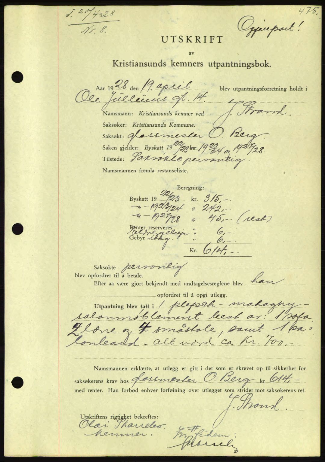 Kristiansund byfogd, AV/SAT-A-4587/A/27: Pantebok nr. 21, 1926-1928, Tingl.dato: 27.04.1928