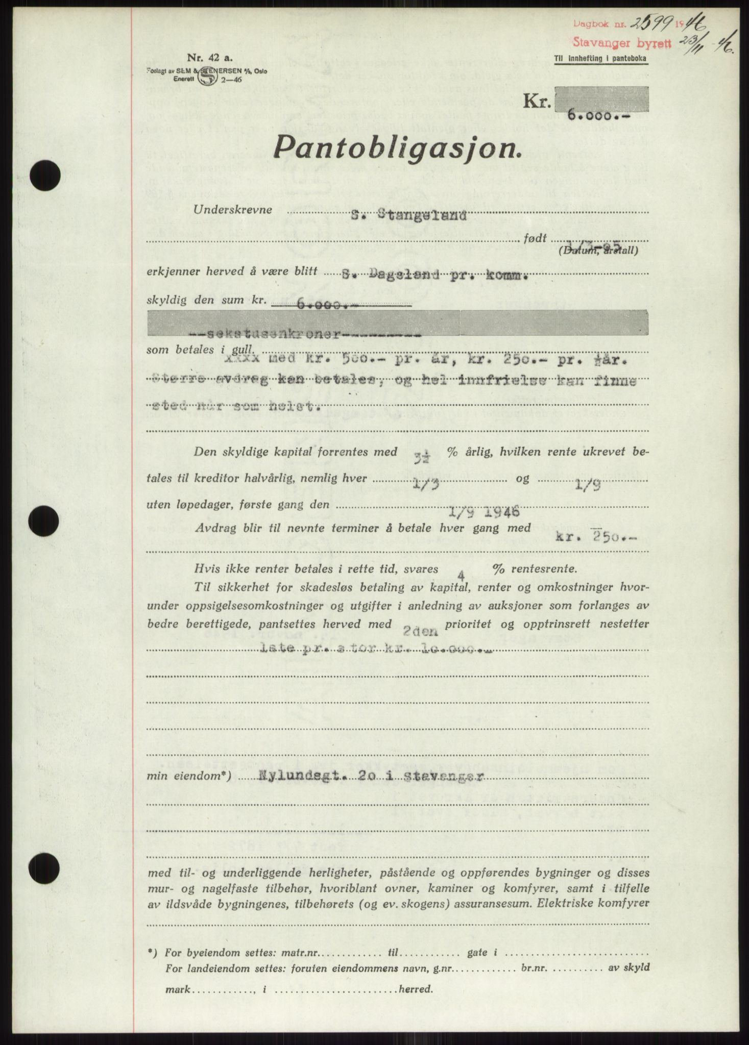 Stavanger byrett, SAST/A-100455/002/G/Gb/L0031: Pantebok, 1943-1947, Dagboknr: 2599/1946