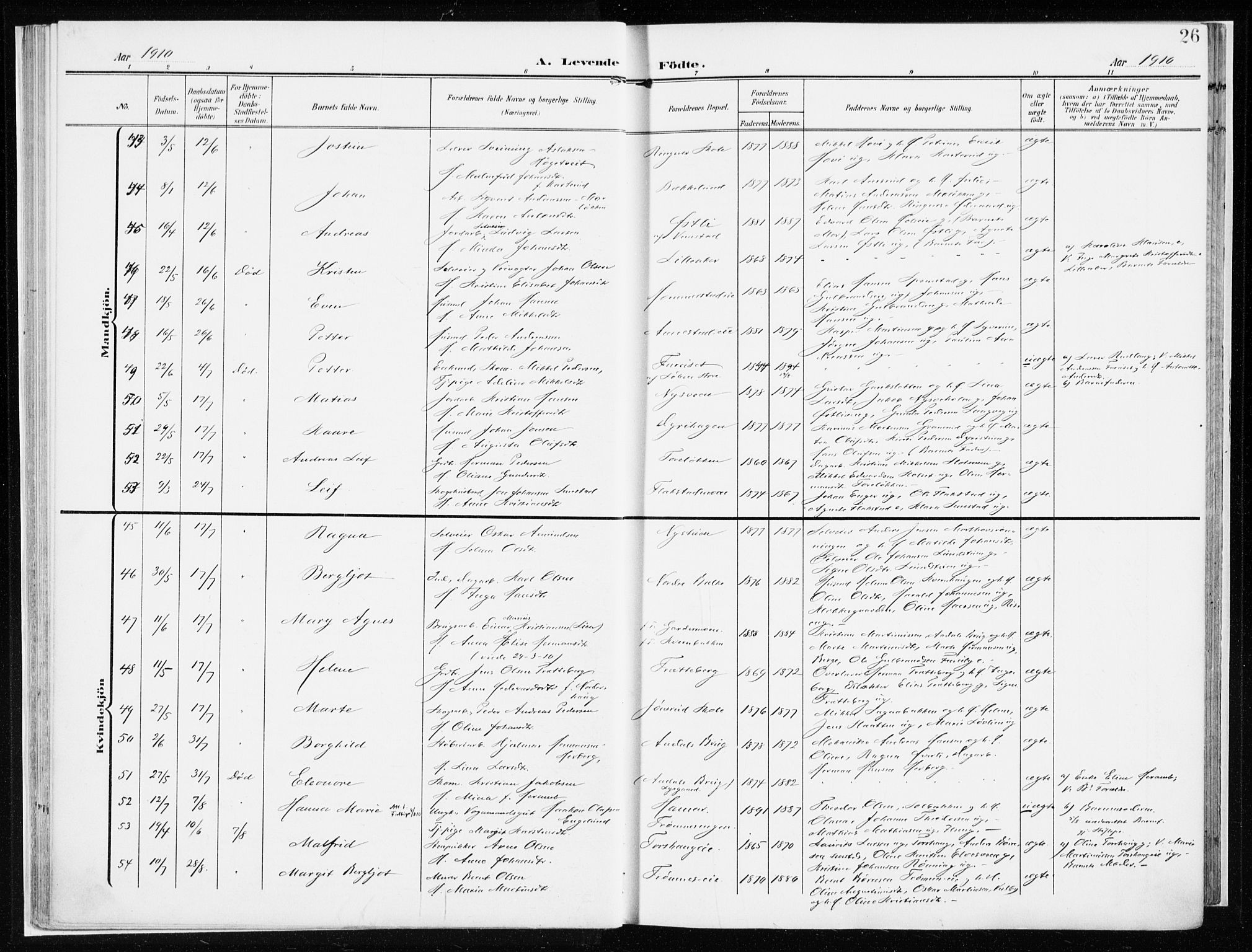 Løten prestekontor, AV/SAH-PREST-022/K/Ka/L0011: Ministerialbok nr. 11, 1908-1917, s. 26