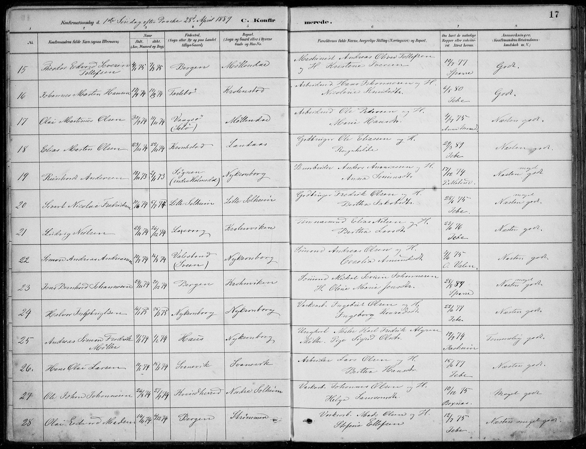 Årstad Sokneprestembete, AV/SAB-A-79301/H/Haa/L0006: Ministerialbok nr. B 1, 1886-1901, s. 17
