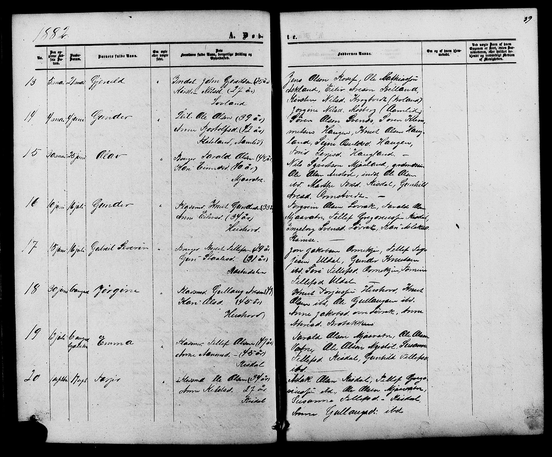 Herefoss sokneprestkontor, AV/SAK-1111-0019/F/Fb/Fbc/L0002: Klokkerbok nr. B 2, 1867-1886, s. 39