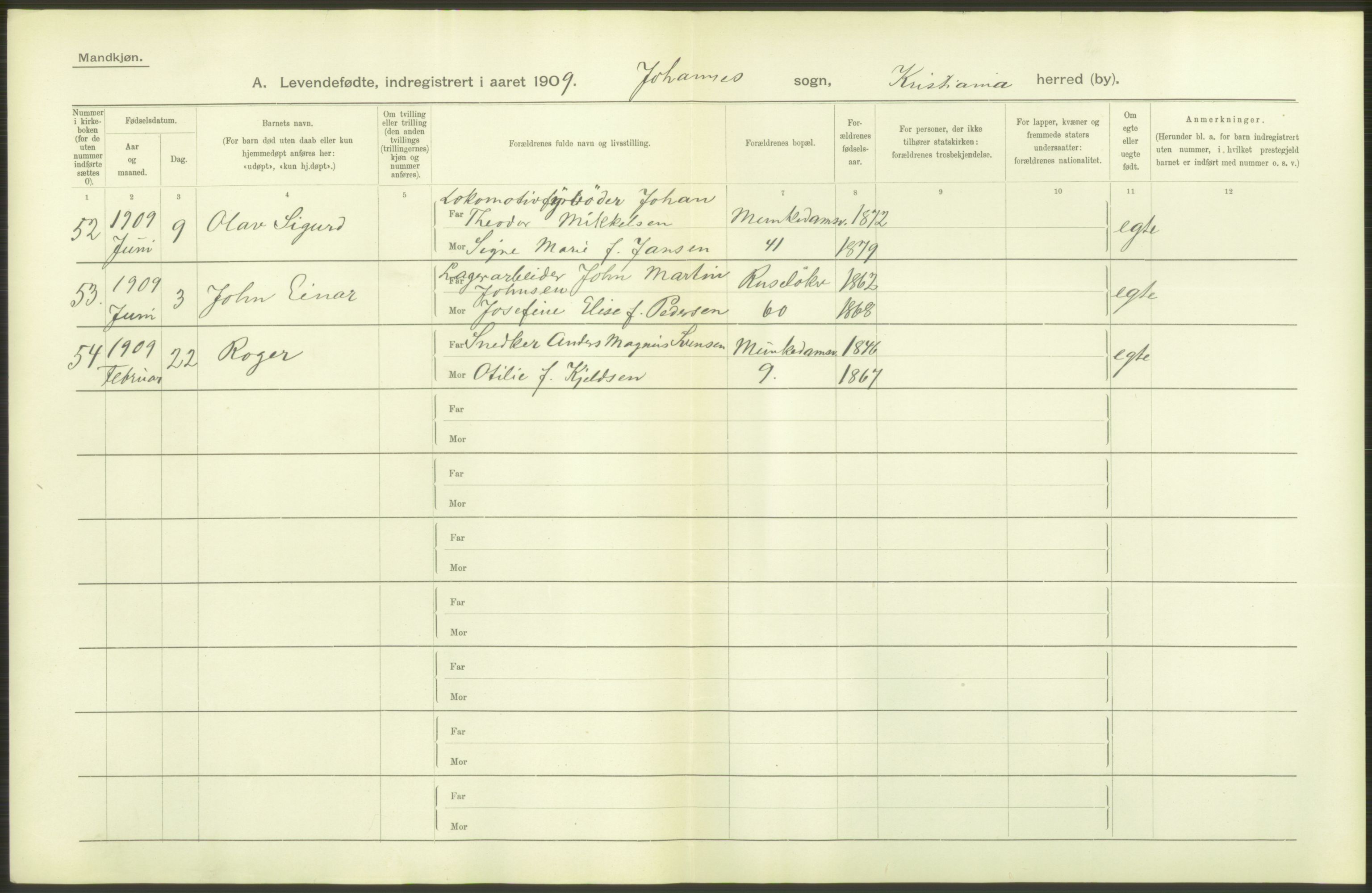 Statistisk sentralbyrå, Sosiodemografiske emner, Befolkning, RA/S-2228/D/Df/Dfa/Dfag/L0007: Kristiania: Levendefødte menn og kvinner., 1909, s. 12