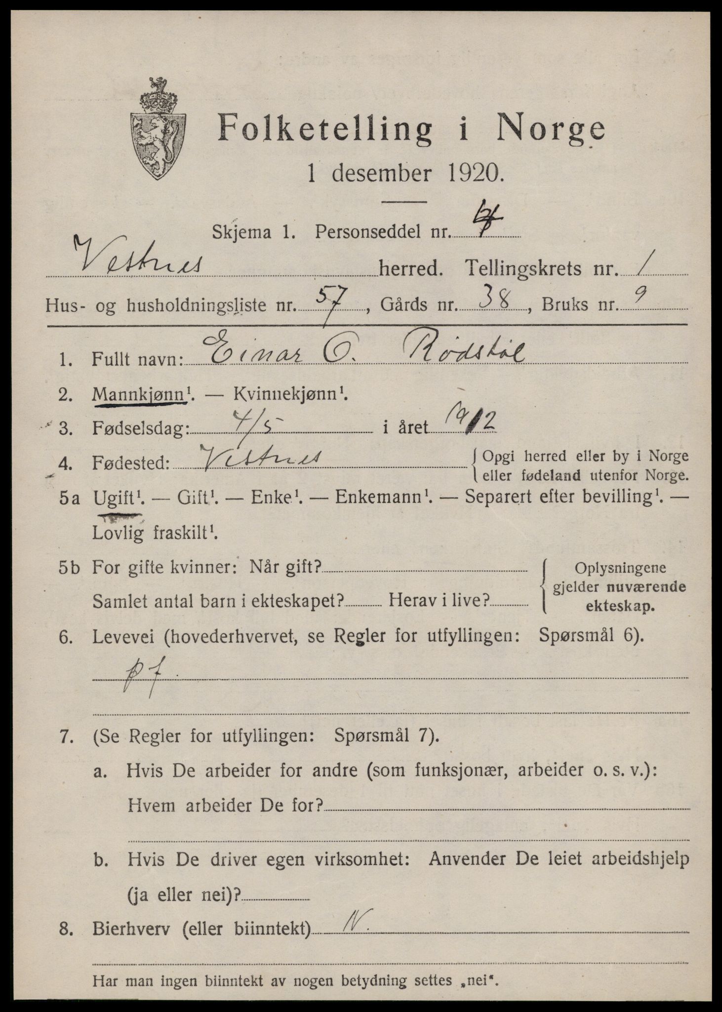 SAT, Folketelling 1920 for 1535 Vestnes herred, 1920, s. 1905