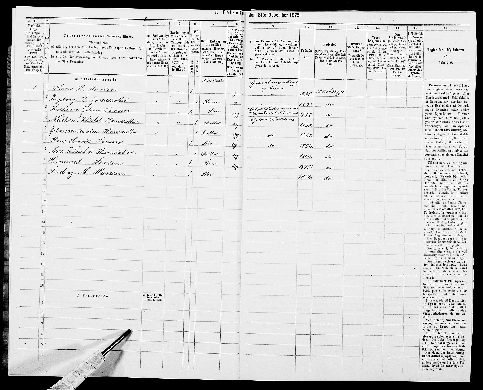 SAK, Folketelling 1875 for 1042L Flekkefjord prestegjeld, Nes sokn og Hidra sokn, 1875, s. 267