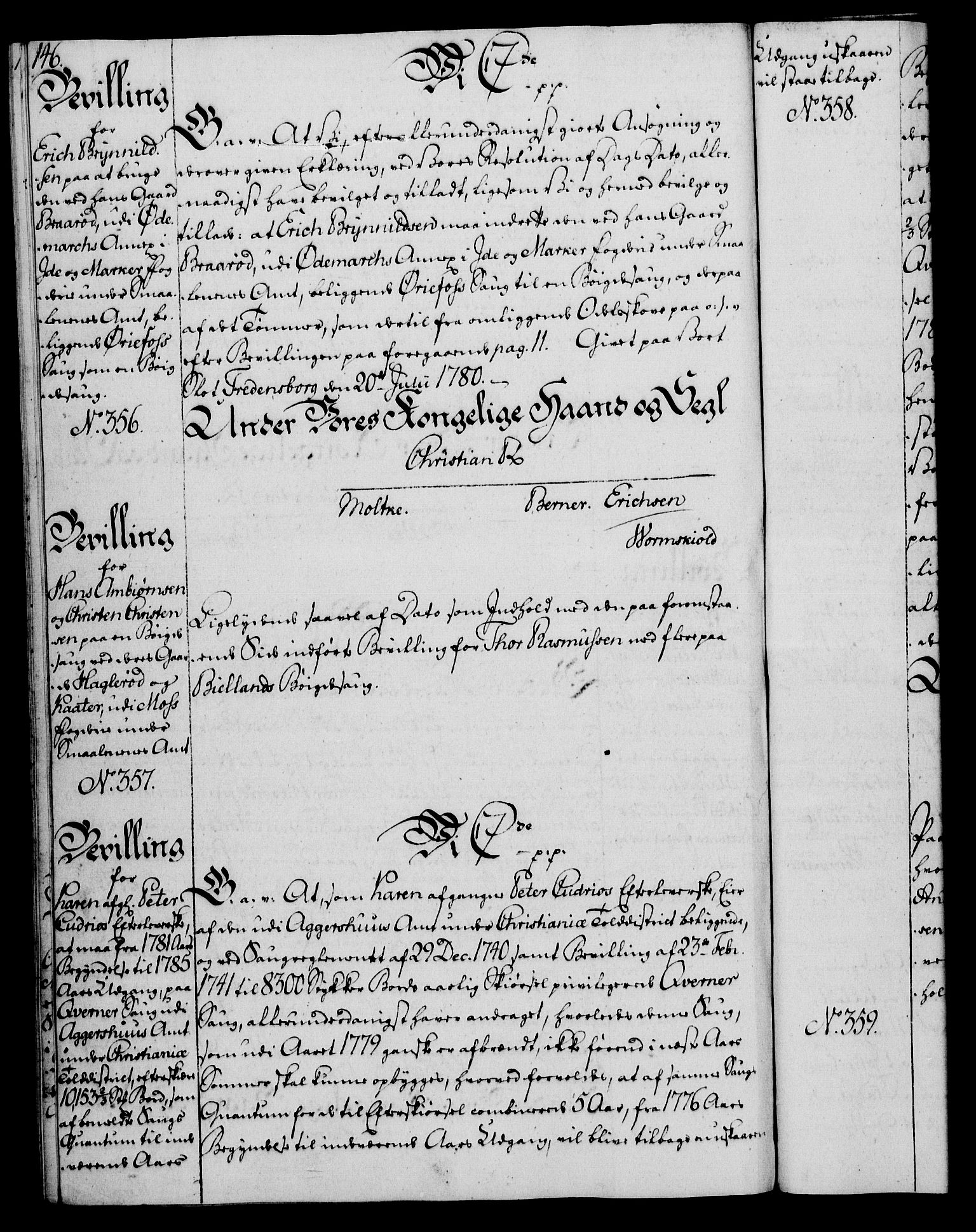 Rentekammeret, Kammerkanselliet, AV/RA-EA-3111/G/Gg/Gga/L0011: Norsk ekspedisjonsprotokoll med register (merket RK 53.11), 1779-1781, s. 146