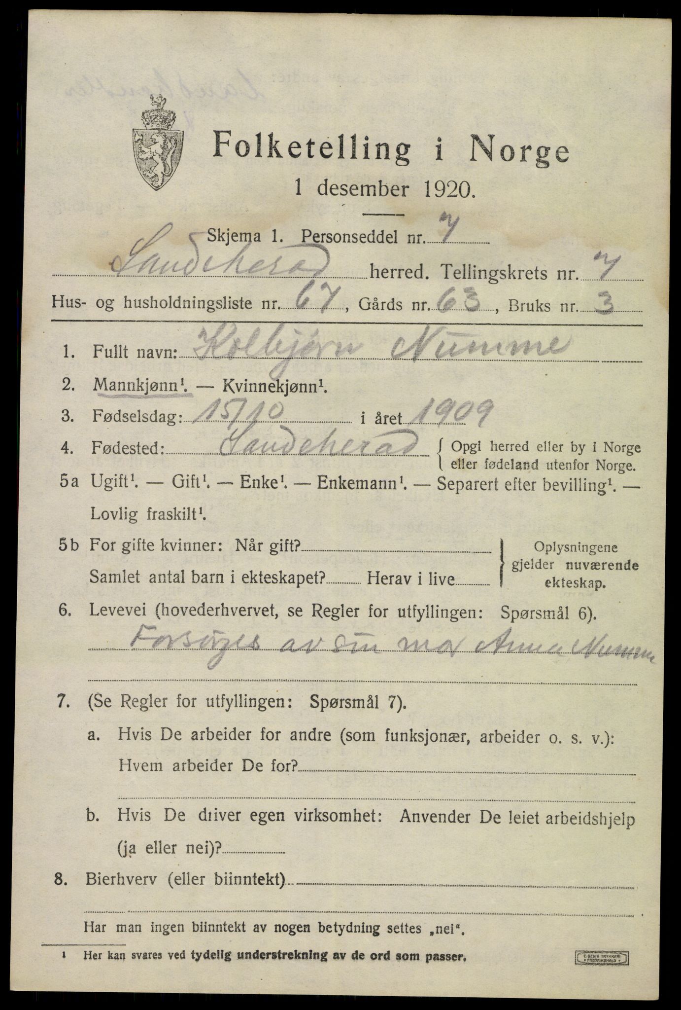 SAKO, Folketelling 1920 for 0724 Sandeherred herred, 1920, s. 12690