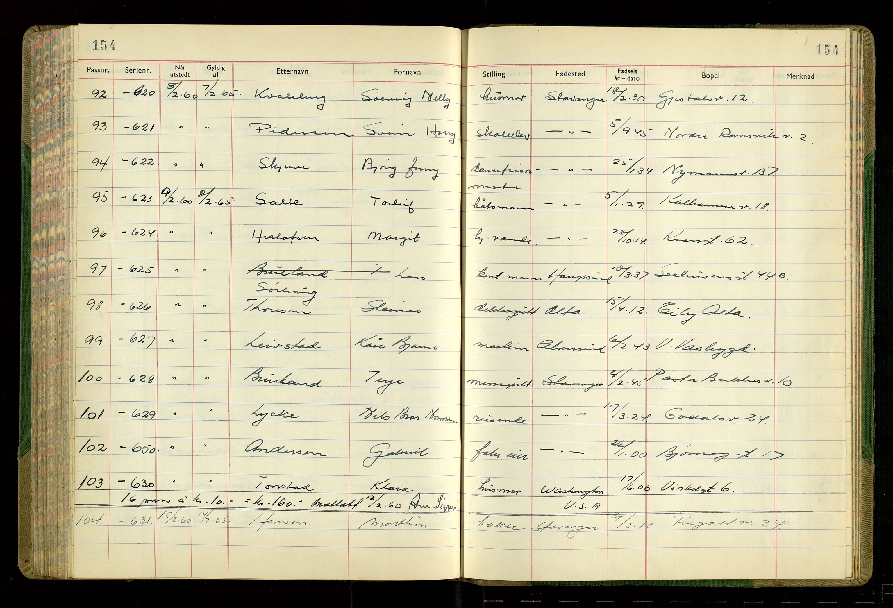 Stavanger politikammer, AV/SAST-A-100361/001/H/Hc/Hcd/Hcdb/L0007: "Passjournal", 1959-1960, s. 154