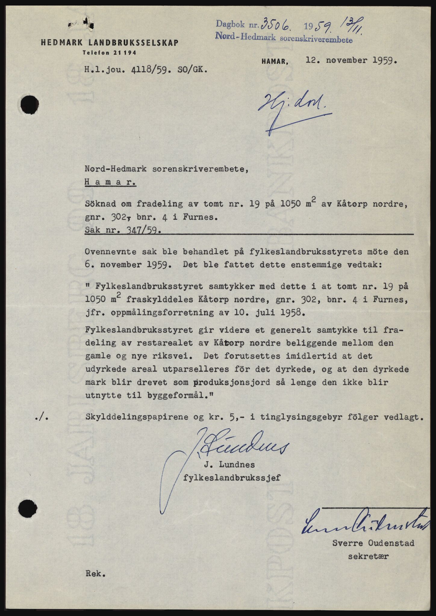 Nord-Hedmark sorenskriveri, SAH/TING-012/H/Hc/L0013: Pantebok nr. 13, 1959-1960, Dagboknr: 3506/1959