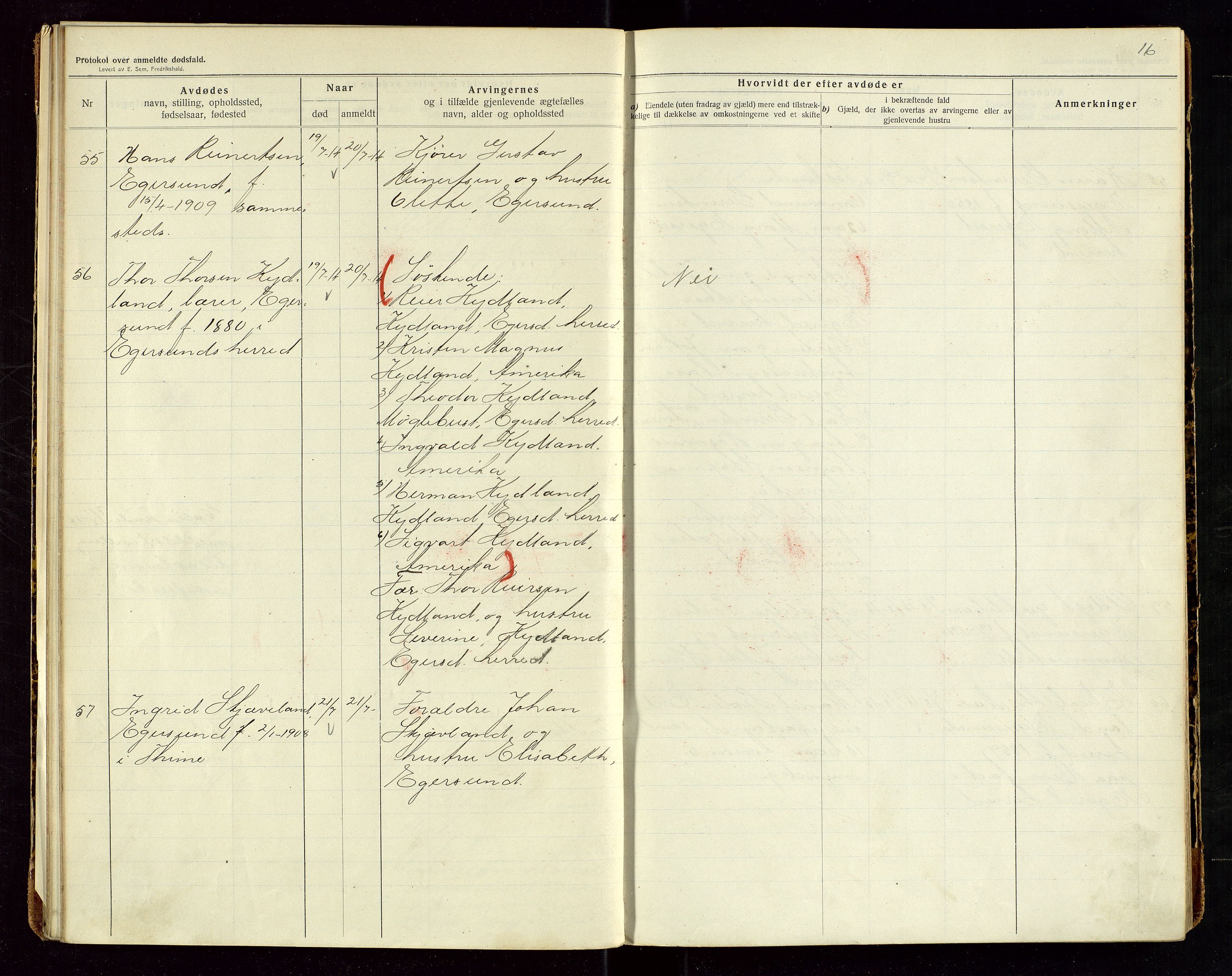 Eigersund lensmannskontor, AV/SAST-A-100171/Gga/L0006: "Protokol over anmeldte dødsfald" m/alfabetisk navneregister, 1914-1917, s. 16