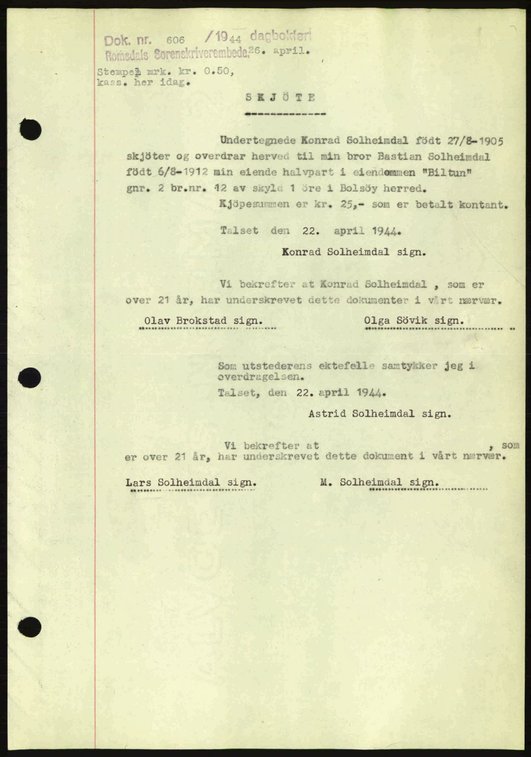 Romsdal sorenskriveri, AV/SAT-A-4149/1/2/2C: Pantebok nr. A16, 1944-1944, Dagboknr: 606/1944